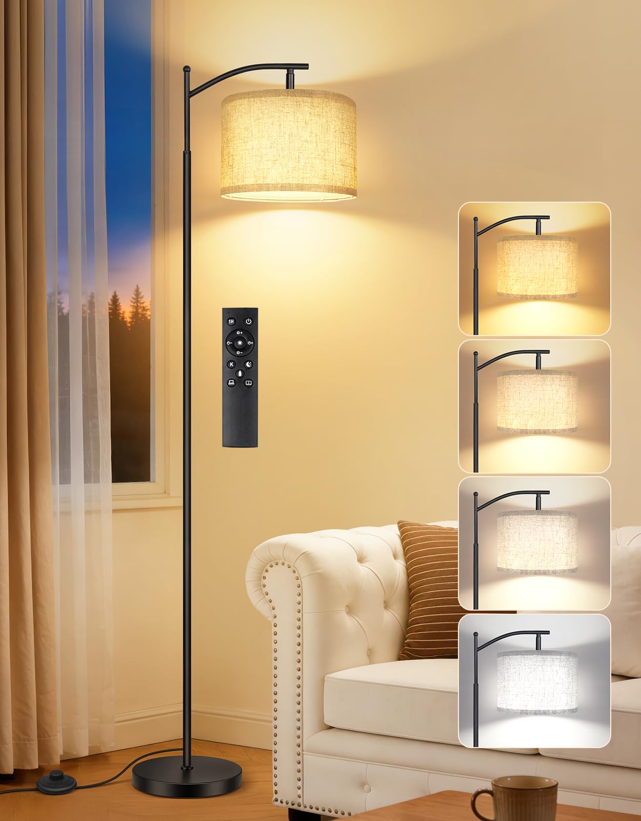 OUTON Arc Floor Lamp with Remote and Foot Switch, Dimmable Standing Lamp with 4 Color Temperatures, 5%-100% Brightness, Adjustable Head, 1-Hour Timer, Memory Function for Living Room Office