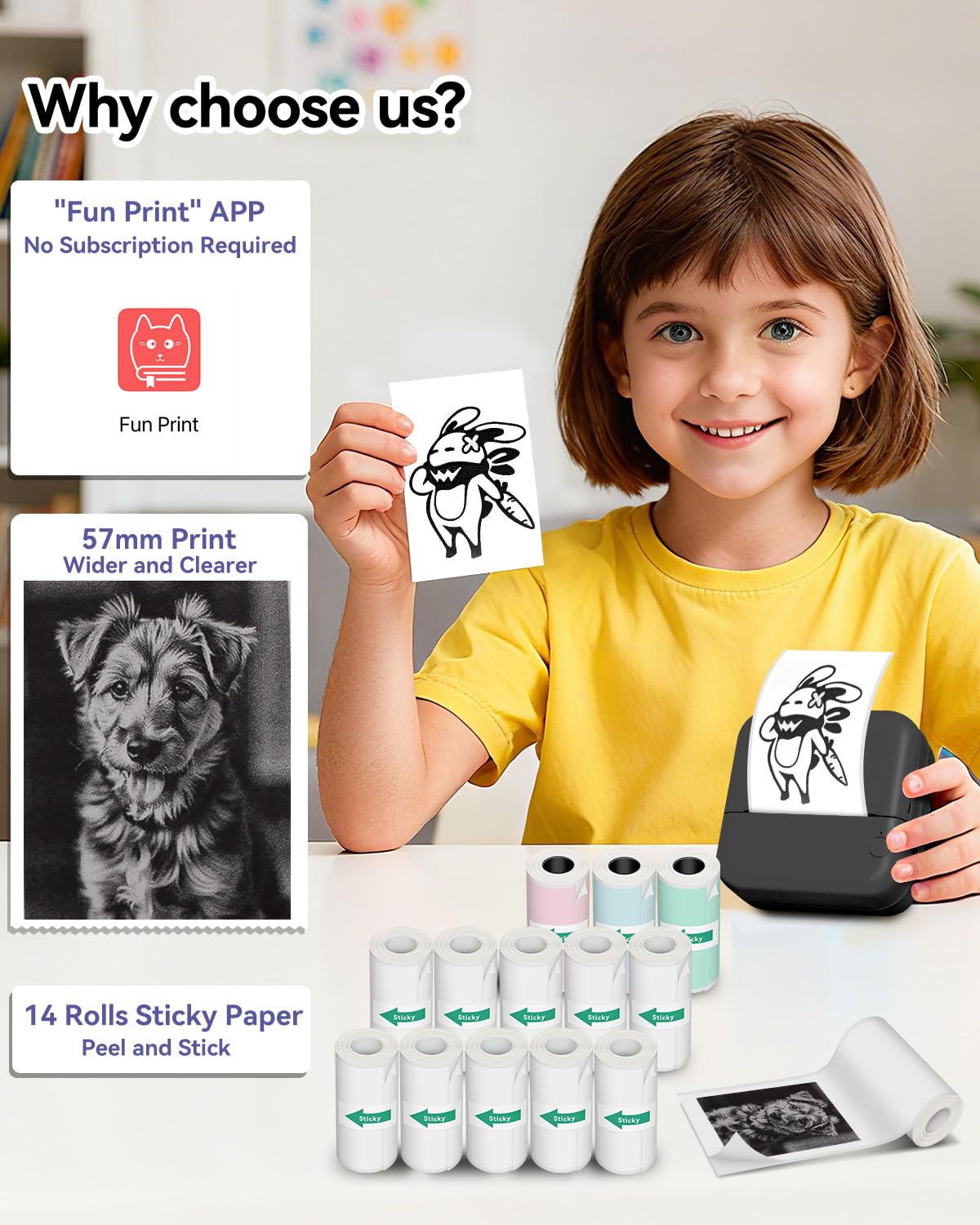 Aptika Sticker Printer - Print Pod 2.0 Mini Printer with 14 Rolls Sticky Paper, Thermarote Portable Sticker Maker Machine, Thermal Label Maker, Thermanote Labeller for Photos Notes Graphics, Black