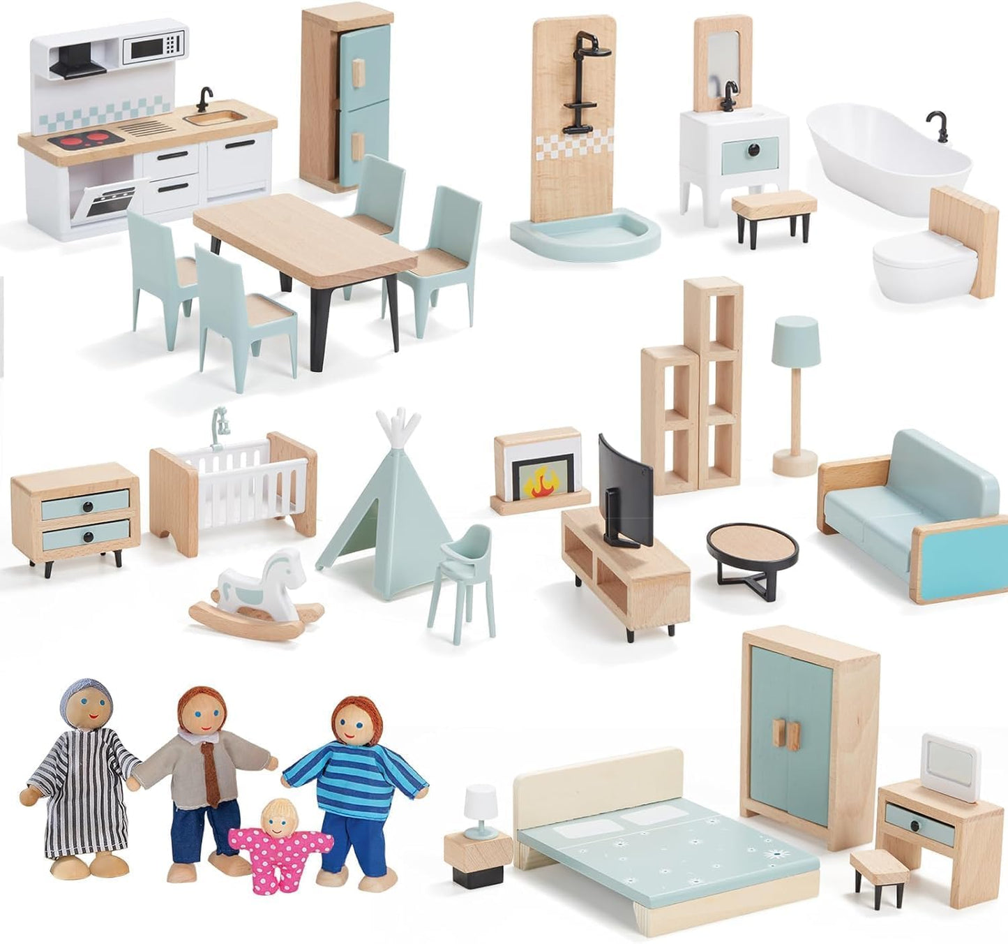 Giant bean 36pcs Wooden Plastic Dollhouse Furniture 5 Set with 4 Family Dolls, Blue Dollhouse Accessories Pretend Play Furniture Toys for Boys Girls & Toddlers 3Y+, Christmas Birthday Gift for Kids