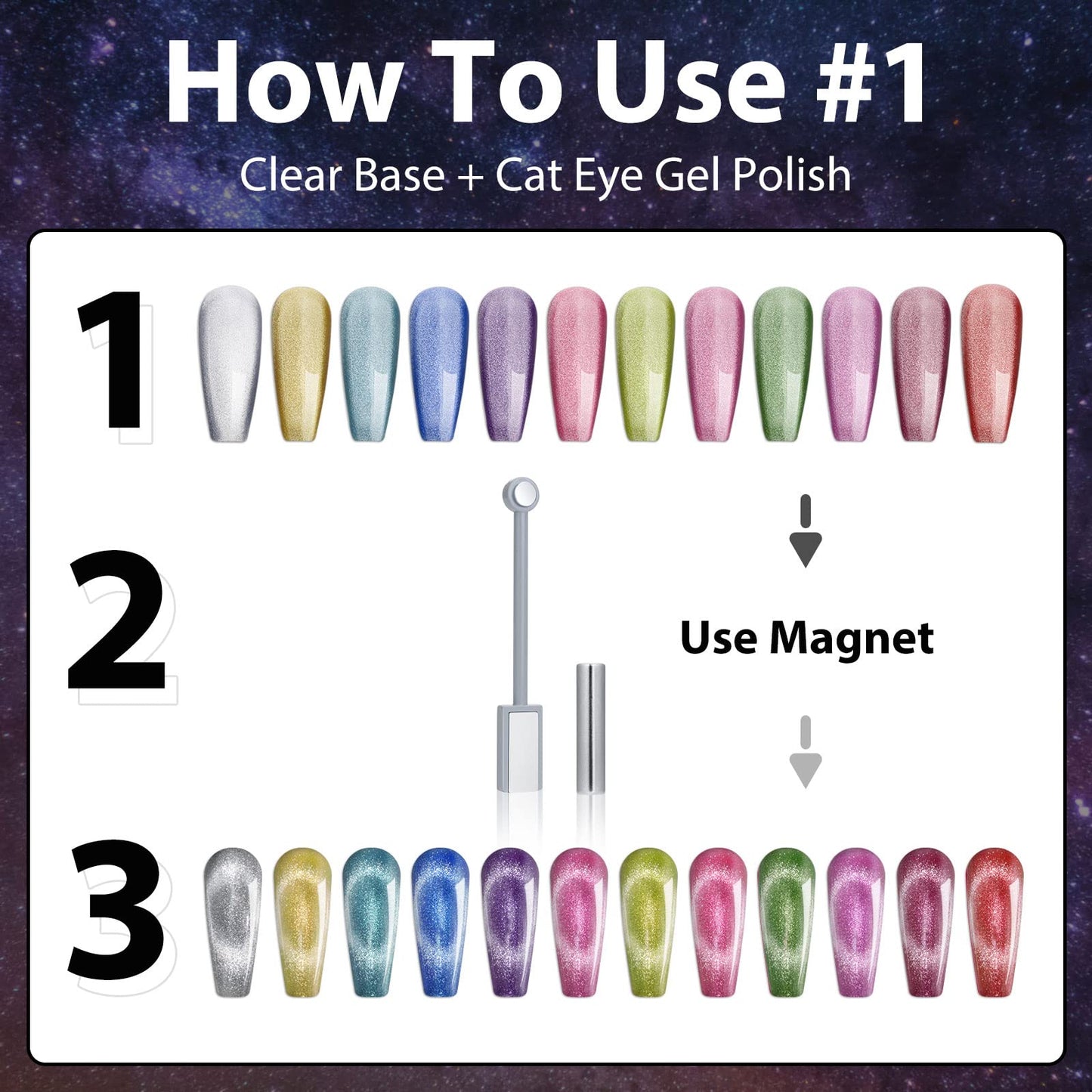 Clara Colors Cat Eye Gel Nail Polish Set of 12 Colors Magnetic Nail Polish Set Holographic Glitter 9D Galaxy Series Cat Eye Gel Polish Set with 2 Magnet Stick for Home DIY Soak Off UV LED Manicure Nail Salon