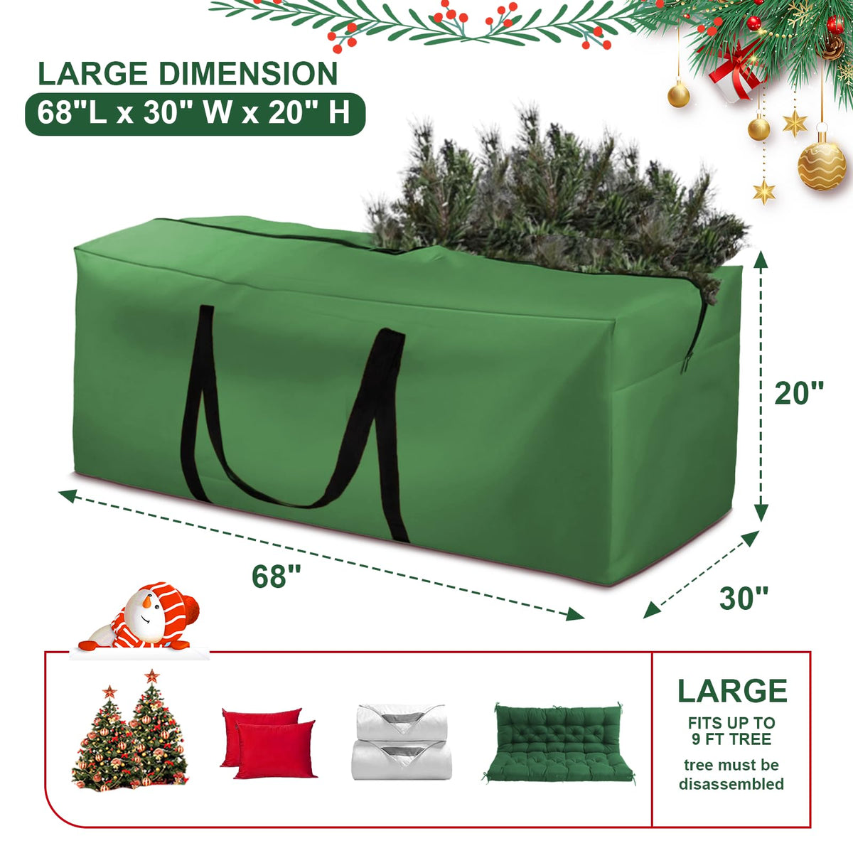 Christmas Tree Storage Bag Fits 9-12 Ft Tall Artificial Xmas Trees, 420D Oxford Heavy-Duty Waterproof Storage Bags, 68" L X 30" W X 20" Extra Large Xmas Tree Bag with Handles & Zipper (Green,2 Pack)