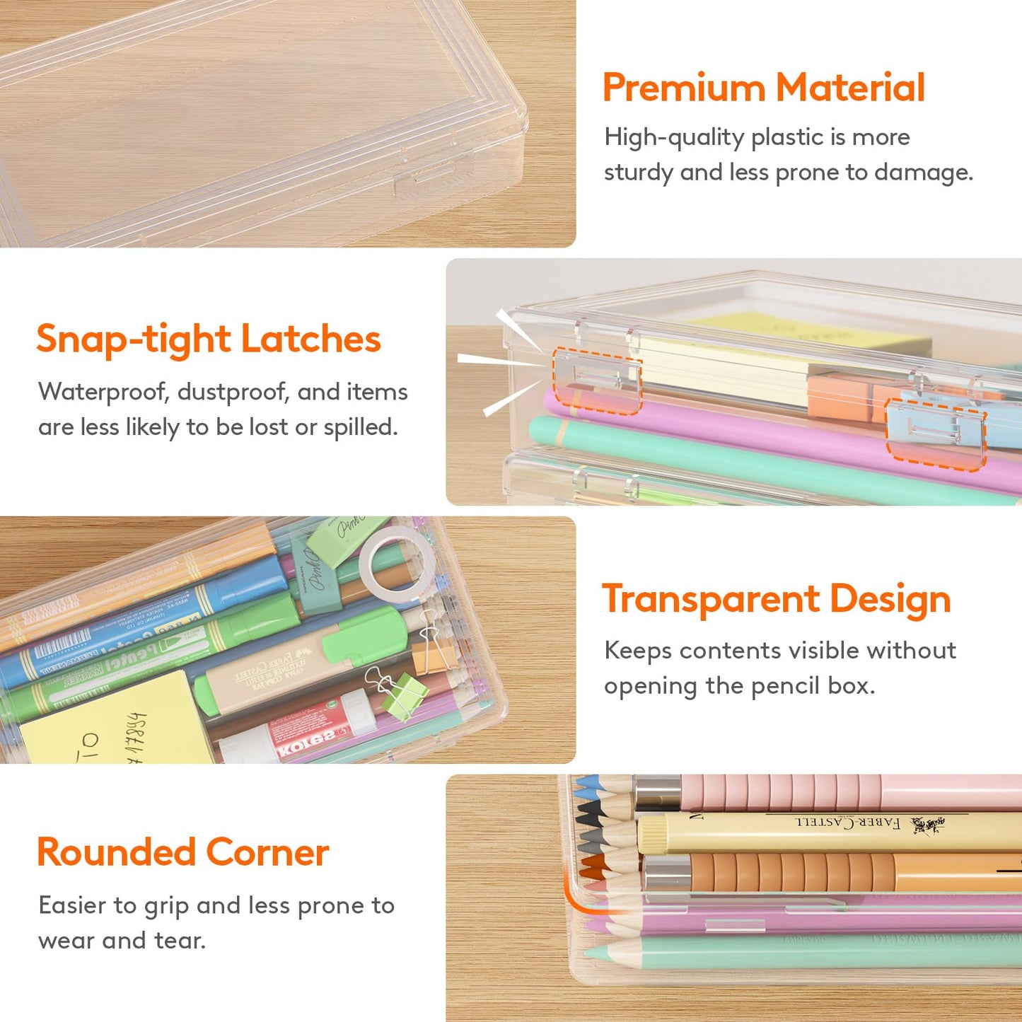 Lifewit Plastic Pencil Box with Snap-tight Lid, Large Capacity Hard Pencil Case Containers, Stackable Craft Pen Holder Clear Desk Drawer organizer and Storage for Art Supply, Office, 10 Pack