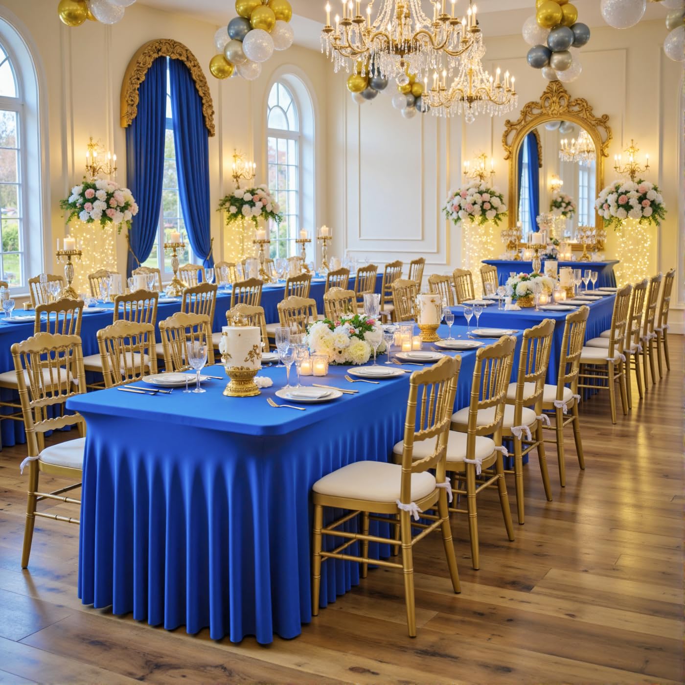Htper 2 Pack Royal Blue Spandex Table Clothes for 6 Foot Rectangle Tables, Wrinkle Free Fitted Table Cover 6ft Stretchy Tablecloths with Skirt for Parties Weddings Birthday Banquet Baby Shower