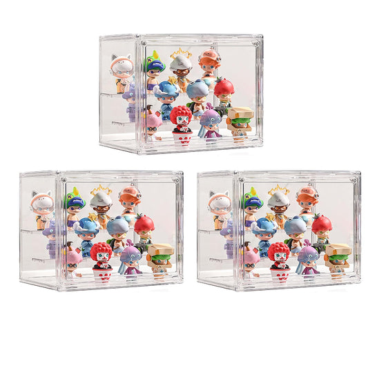 Clear Display Case for Figures, 3 Tier Adjustable Display Stand, Acrylic Display Box with Magnetic Door, Display case for Figures, Dustproof Showcase for Collectibles (3, Transparent-3 Pack)