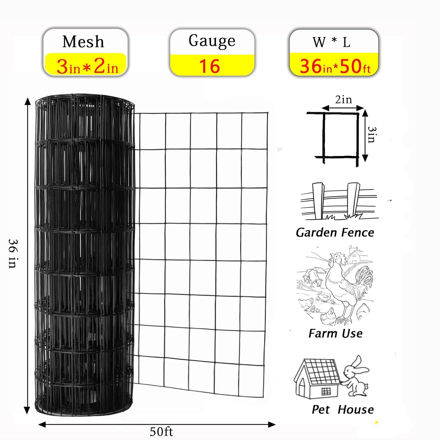 PVC Coated Welded Wire Fence 36 Inch x 50 Ft Black, 2" X 3" 16GA Coated Hardware Cloth, Chicken Fencing, Metal Garden Plant Fencing, Welded Mesh Roll for Yard Vegetable Plant Protection Poul