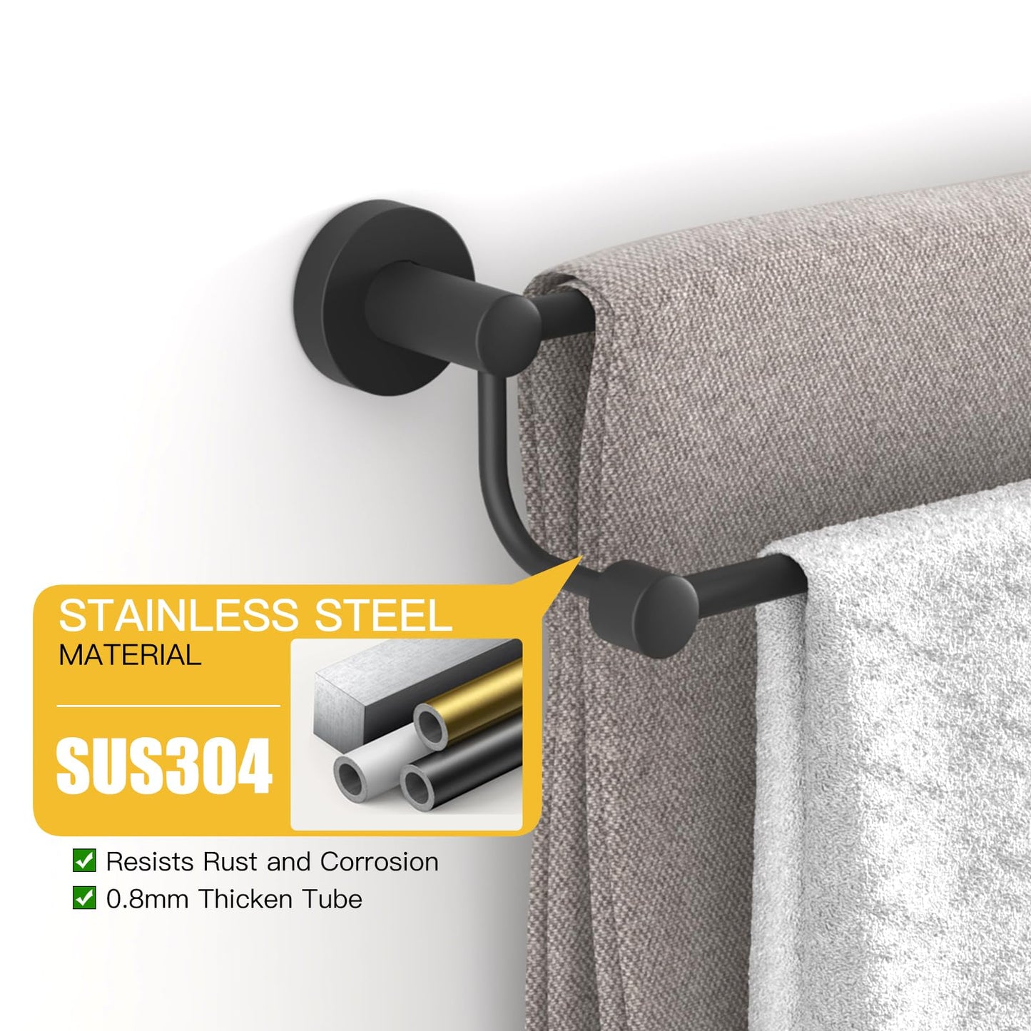 BESy Adjustable 16-26 Inches Double Towel Bar for Bathroom SUS304 Stainless Steel Towel Holder, Hotel Style Wall Mount with Screws Hand Towel Bar Towel Rack Rod Hanger, Matte Black Finish
