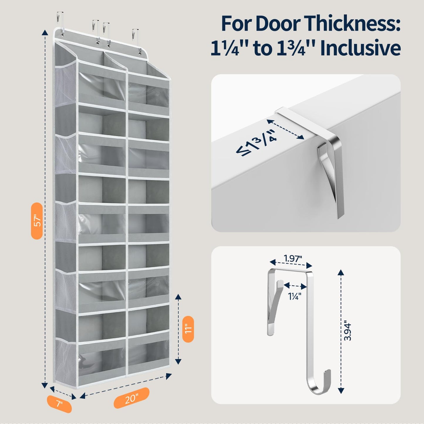 Yecaye 5-Tier Over The Door Organizer Dual-Column, 80lbs Load Extra Large Over the Door Storage of 10 Compartments, Heavy Duty Door Organizer Hanging for Bedroom Closet Nursery Bathroom, Gray, 1 Pack