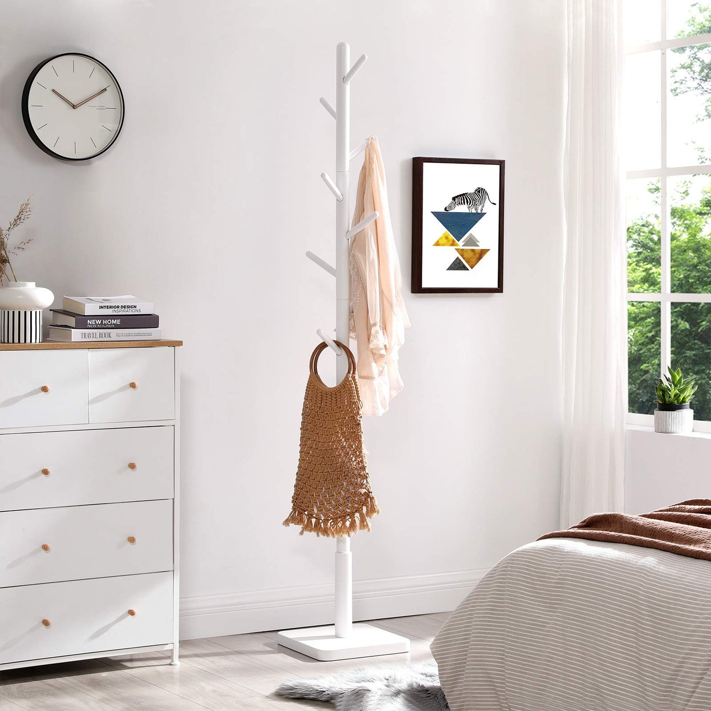 VASAGLE Solid Wood Coat Rack, Free Standing Hall Coat Tree with 8 Hooks, 3 Height Options, for Coats, Hats, Bags, Purses, for Entryway, Hallway, Rubberwood Hooks and Pole, Cloud White URCR010W02