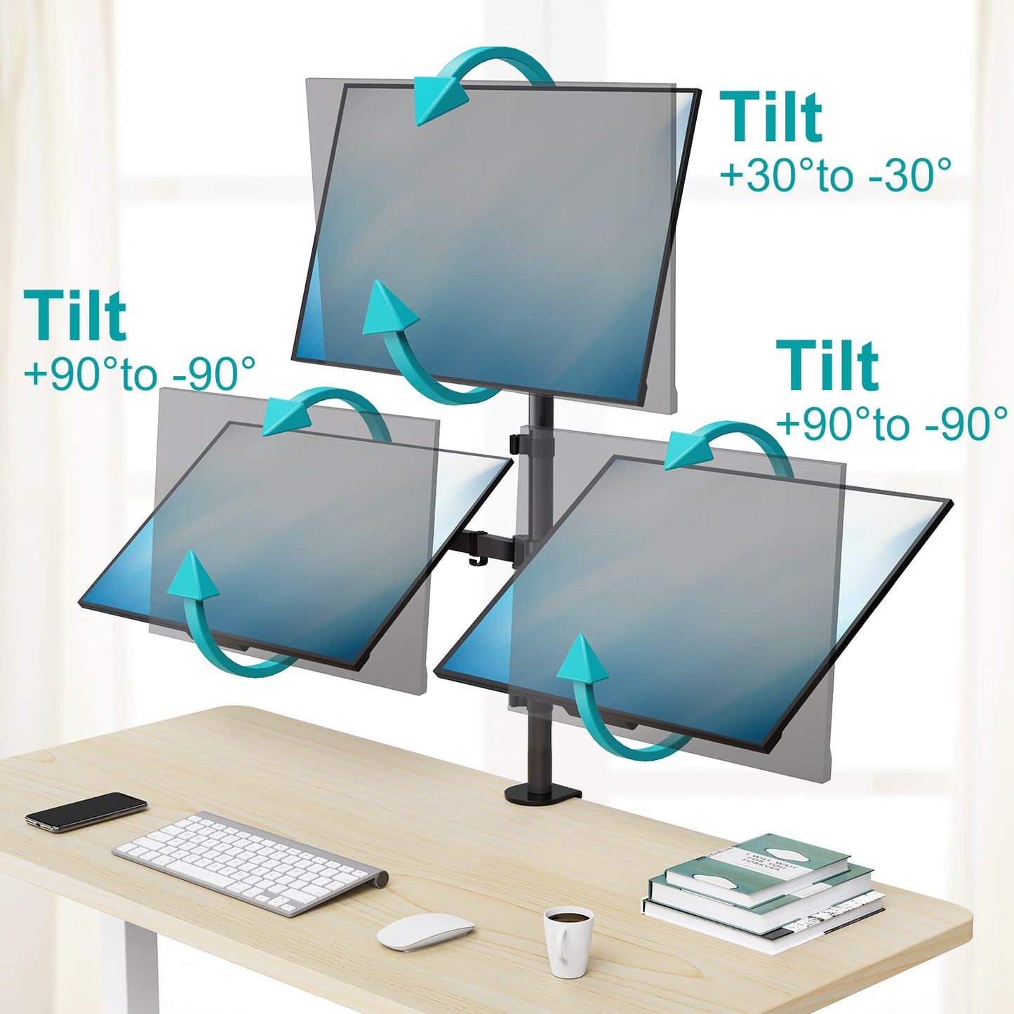 MOUNT PRO Triple Monitor Stand, Fits 3 Screens Up to 32 Inch, Fully Adjustable Stacked Monitor Desk Mount, VESA Compatible, C Clamp/Grommet Base