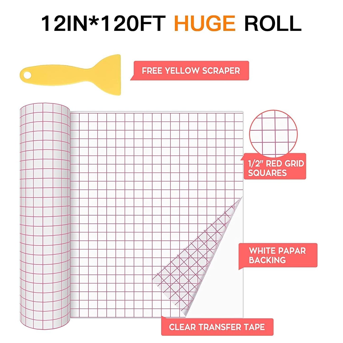 HTVRONT Transfer Tape for Vinyl - 12" X 120 ft w/Red Alignment Grid Transfer Paper Adhesive Vinyl, Vinyl Transfer Tape for Decals, Signs, Windows, Stickers