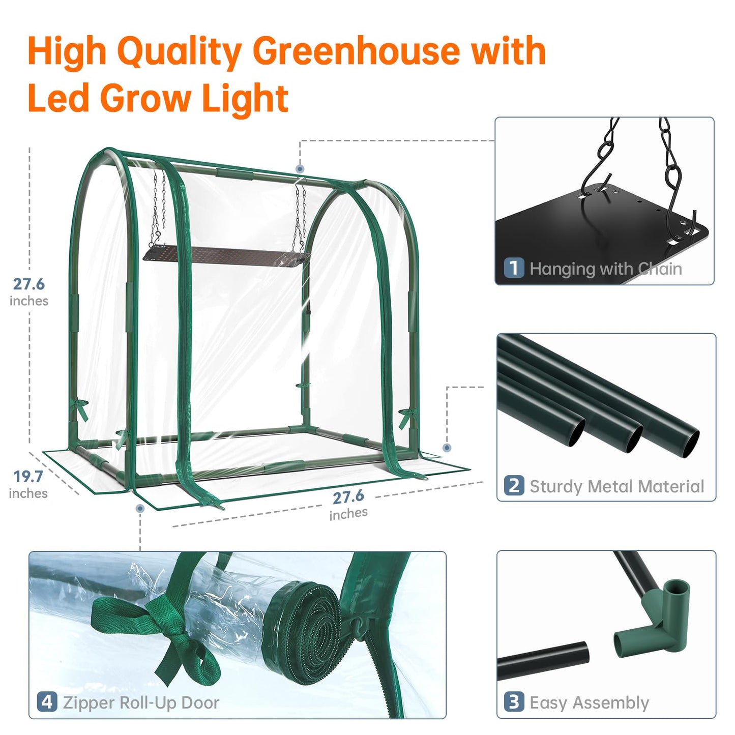 Bstrip Mini Indoor Greenhouse with Grow Lights, 27.2" L X 19.9" W X 27.2" H Desktop Small Greenhouse with Zippered Door and PVC Cover for Seed Starting, 1.6FT Plant Light for Indoor Plants with Timer