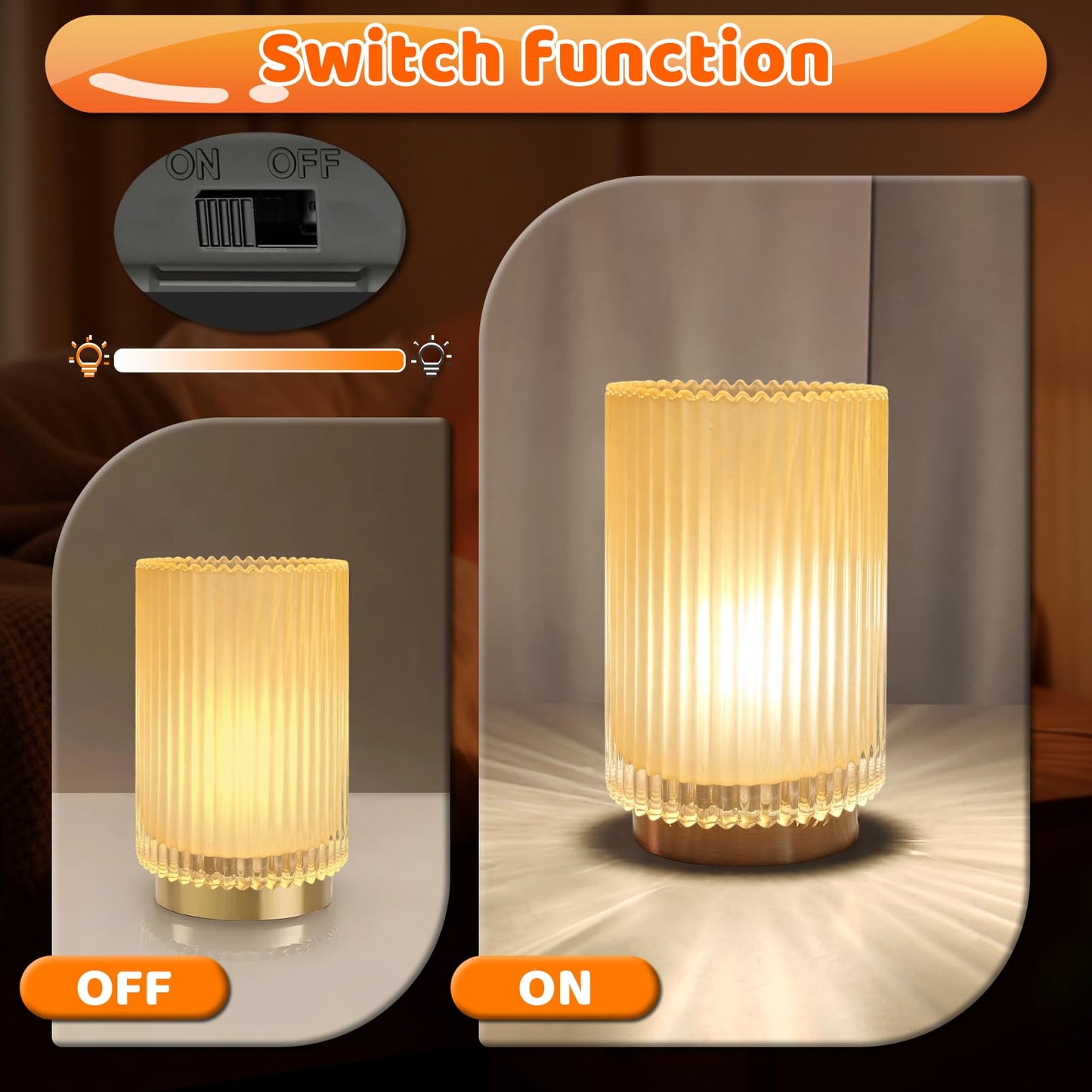 AGJIQ Table Lamp, Wireless Bedside Lamp with Glass Shade E27 Bulb, Decorative Ambiance Bedside Lamp Suitable for Bathroom,Rechargeable Romantic Atmosphere Light with LED Bulb（Matte Amber）