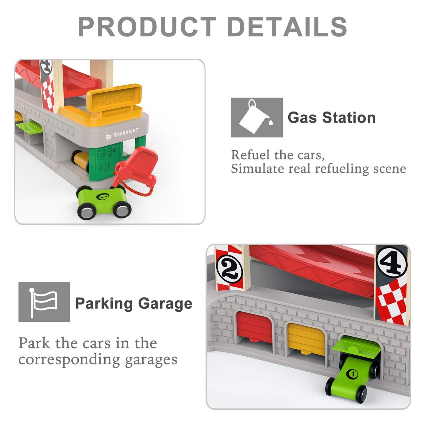 Top Bright Car Ramp Toys for 1 2 3 Year Old Boys Girls Gift, Wooden Race Track for Toddler 1-3, Montessori Toy for 18 Months with 4 Mini Cars