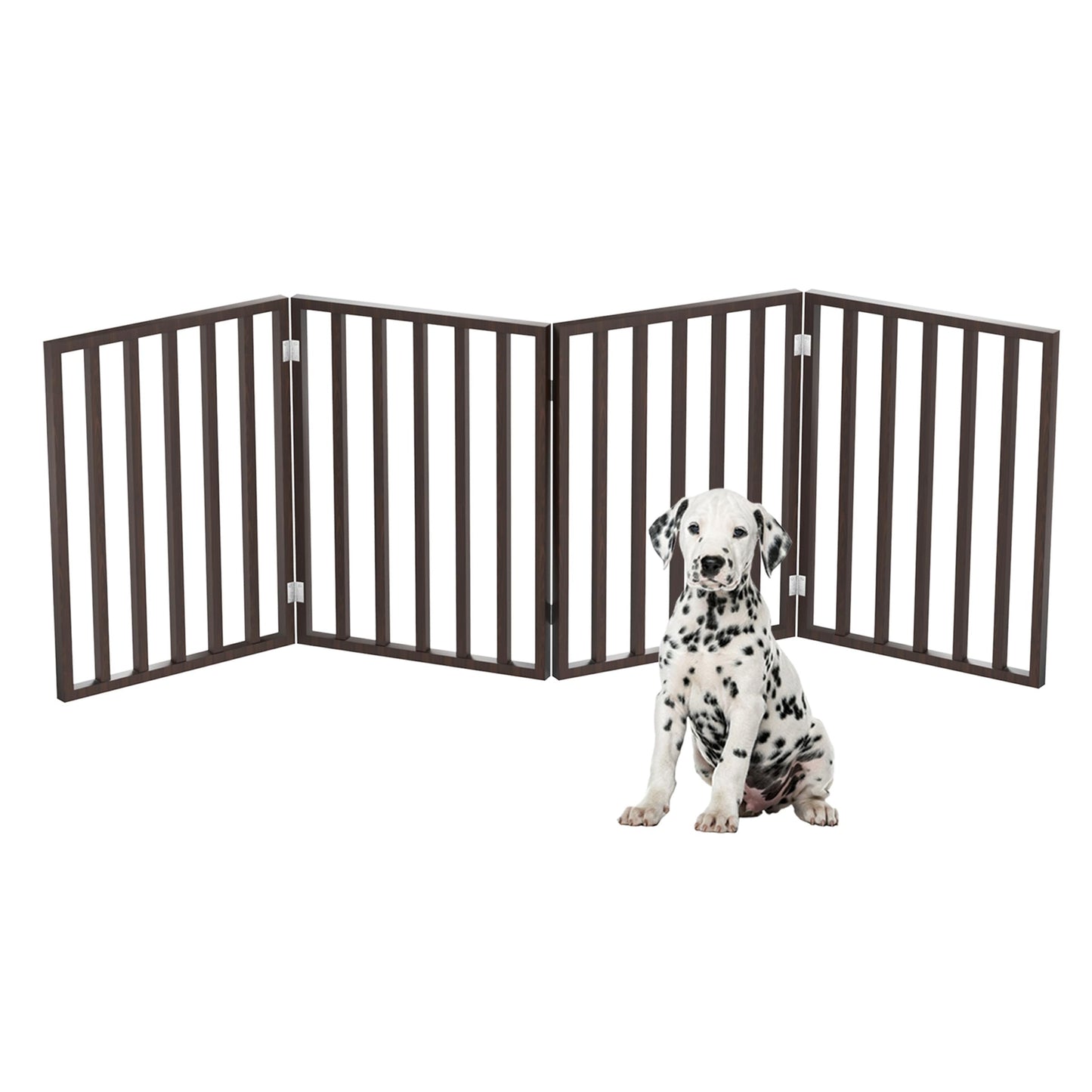 Wooden Pet Gate- Foldable 4-Panel Indoor Barrier Fence, Freestanding & Lightweight Design for Dogs, Puppies, Pets- 72 x24” (Brown Stain)