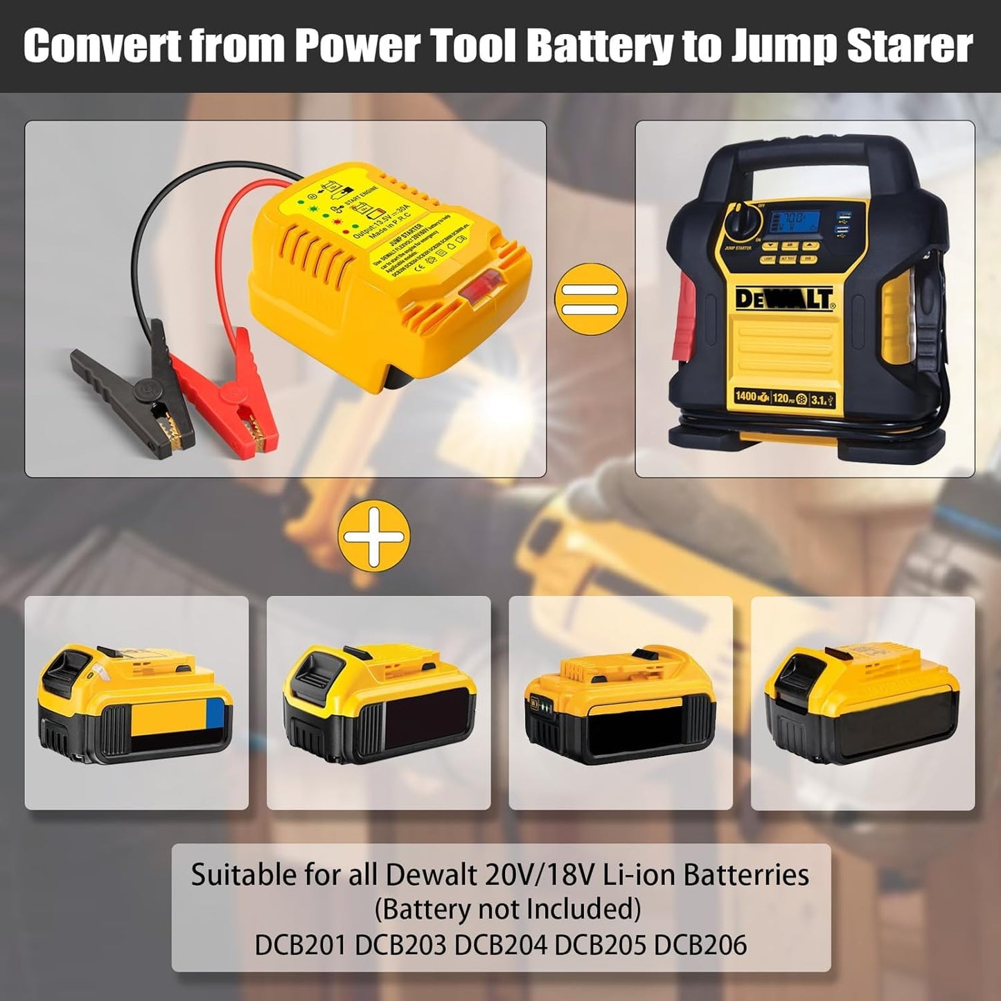 Car Jumper Starters Adapter for Dewalt 20V Battery with 12V Car Jumper Clampes, Up to 3.5 Gas or 6.5L Diesel Engines, 11 AWG Jump Kit Cable Automotive Car Booster