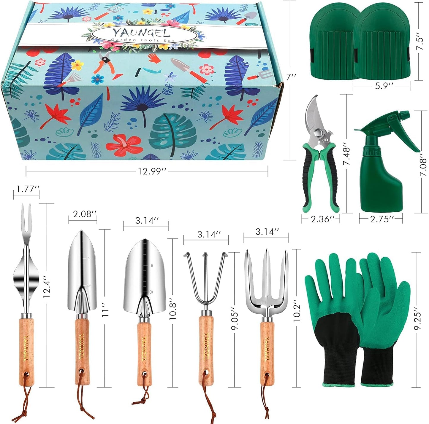 YAUNGEL Garden Tools Set, 10 Piece Heavy Duty Stainless Steel Gardening Tools with Non-Slip Wood Handle, Tote Bag, Gloves, Trowel, Kneel, Weeder Tools - Garden Gifts Packing for Women Men