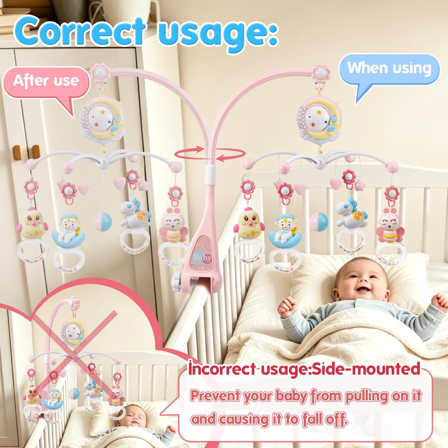 BOBXIN Baby Musical Crib Mobile for Bassinet with Projector and Night Light,150 Music,Timing Function,Take Along Mobile Music Box and Rattle,Toy for Newborn Girls Boys 0-12 Months