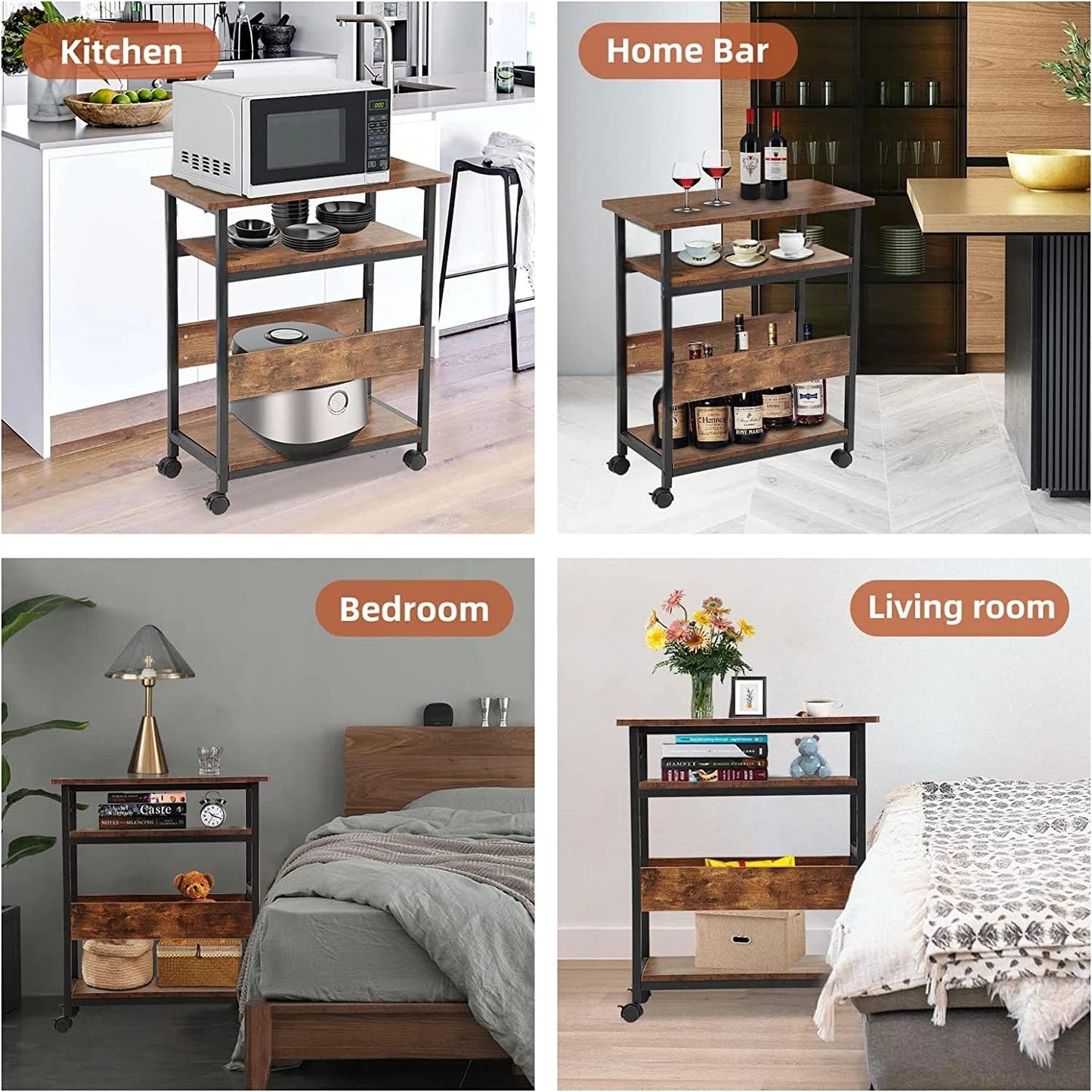 Printer Stand, Printer Rack with Casters, Desk Side Cart, Mobile Printer Stand, Wooden Cart with Rack, Brown