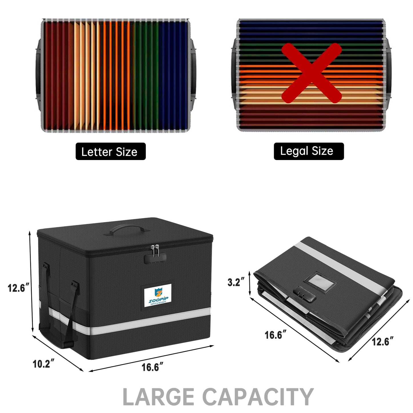 ZOOPIP Fireproof File Box with Lock, 5200°F Document Box Storage Organizer, Suitable for Hanging File Folders in Letter Size, Collapsible Box, Reflective Strip for Fast Find (16.6*12.6*10.2, Black)
