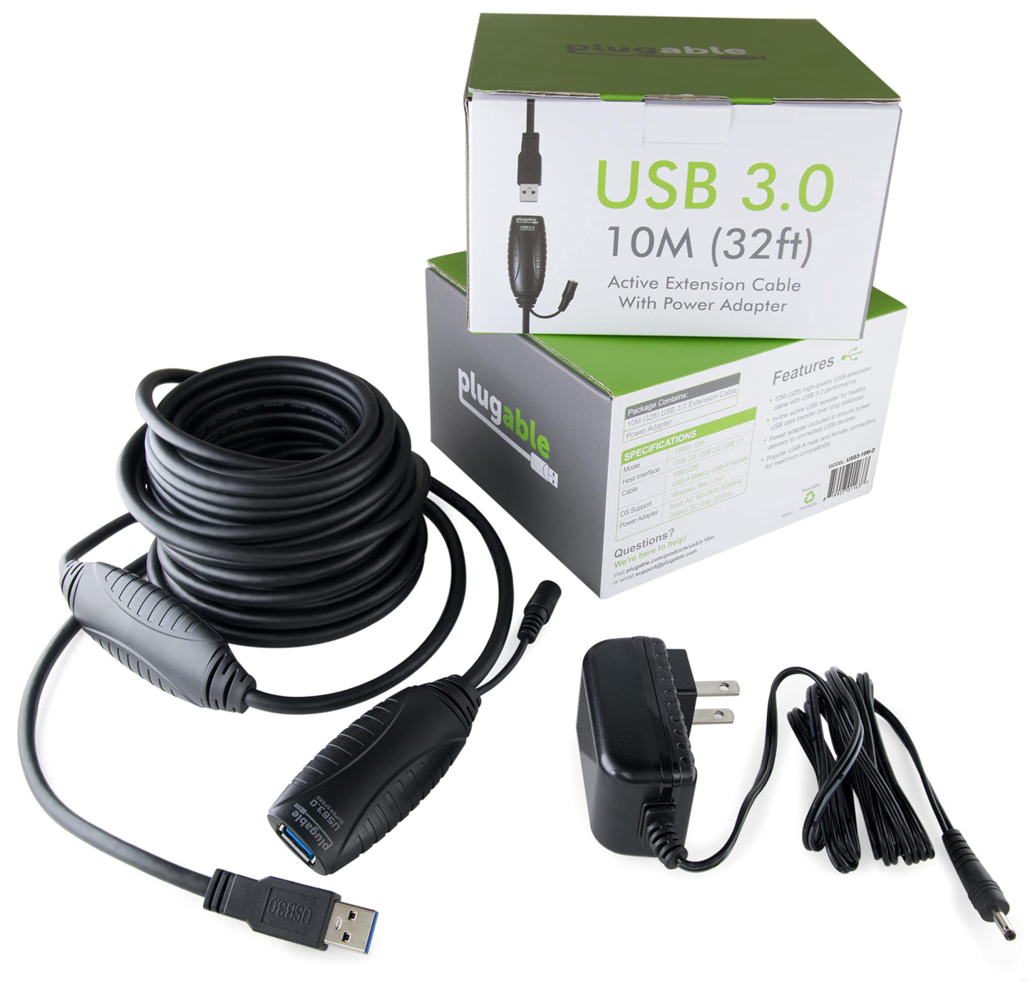 Plugable 10 Meter (32 Foot) USB 3.0 Active Extension Cable with AC Power Adapter, Back-Voltage Protection, and Driverless Technology
