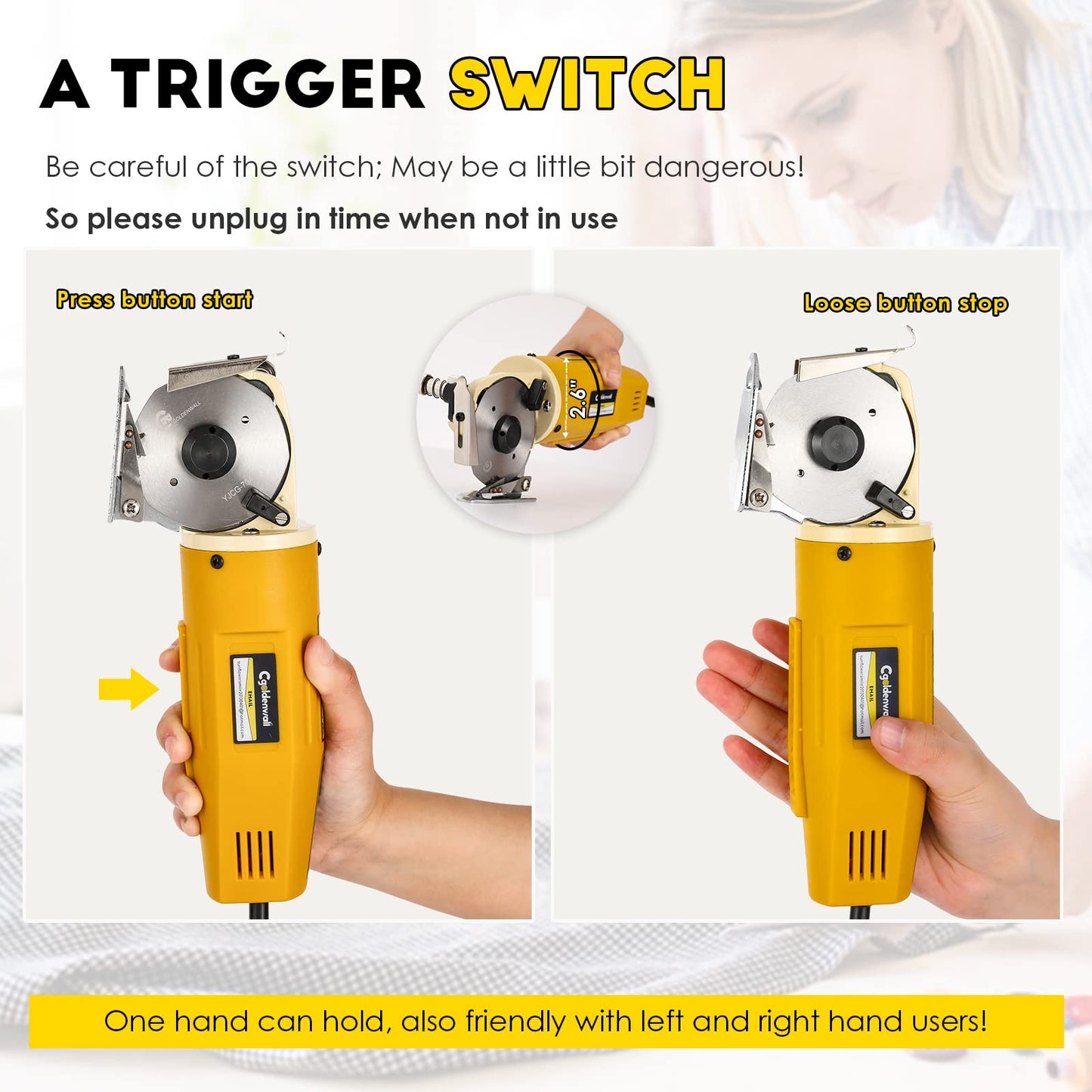 CGOLDENWALL Electric Rotary Fabric Cutter, Multi-Layer Electric Fabric Scissors with 1" Cutting Thickness, for Cloth Fabric Leather and Carpet, Comes with Replacement Blades, Sharpening Stones, 110V