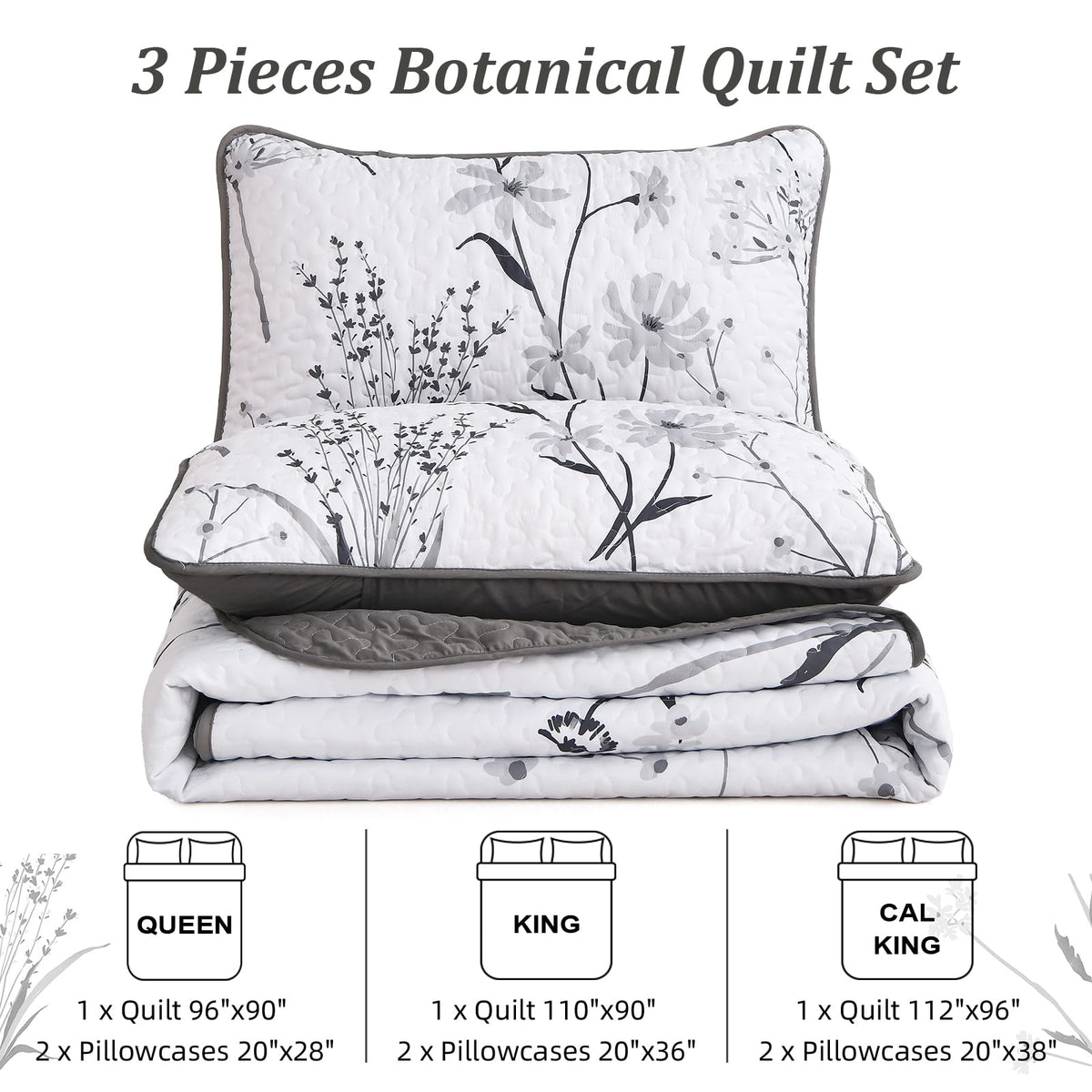 Dobuyly Floral Quilt Queen Size Set, Grey and White Botanical Queen Quilt Bedding Set 3 Pieces Soft Lightweight Microfiber Bedspread Coverlet Set for All Season, 96"x90"