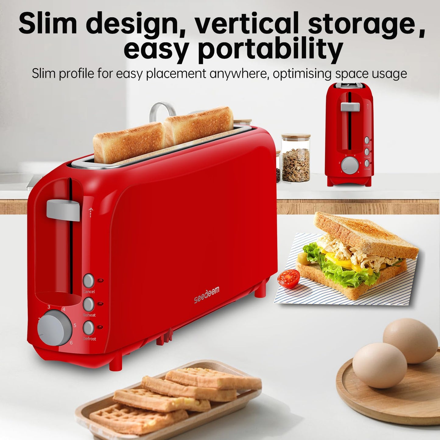 SEEDEEM 2 Slice Slim Toaster, Single 10" Long Slot Toaster Fits Bagels & Artisan Bread, 6 Shade Settings, Cancel/Reheat/Defrost, Removable Crumb Tray, Auto Shut-Off, Red