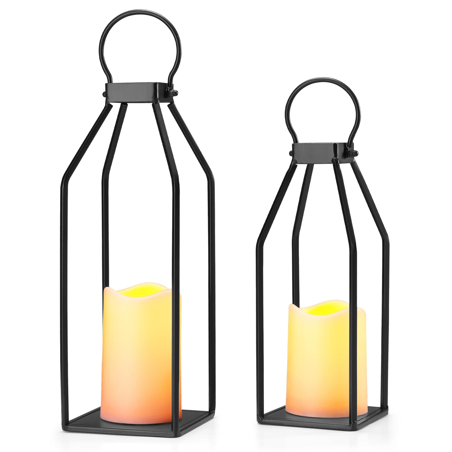 Perfnique Modern Farmhouse Lantern Decor, Set of 2 Black Metal Lanterns, 2 LED 6hr Timer Flickering Flameless Candles, Lanterns Decorative for Outdoor Decor, Home, Indoor, Patio (15inch & 13inch)