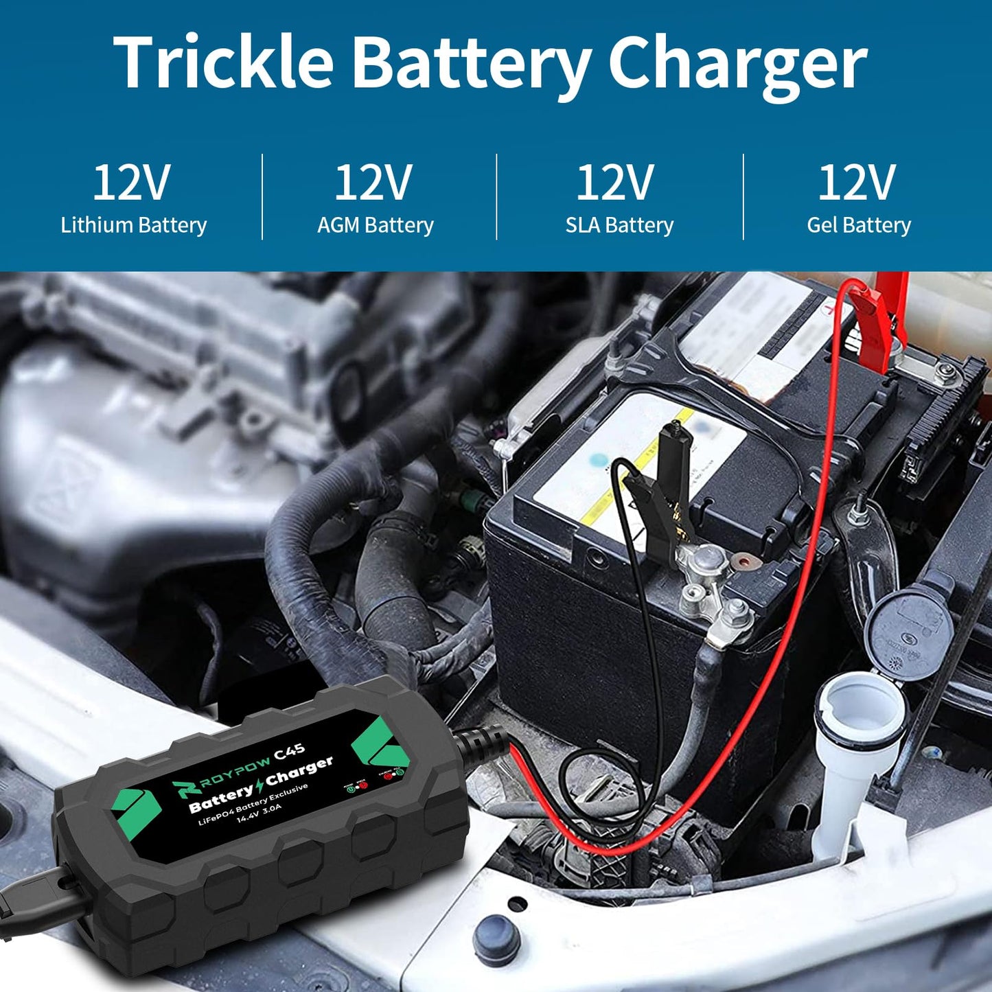 RoyPow 12V LiFePO4 Battery Charger, 14.4V 3Amp Automatic Trickle Battery Charger, 12V Lithium Battery Charger, 3A Battery Maintainer for 12.8V LiFePO4 Battery with Alligator Clamp and Ring Terminal