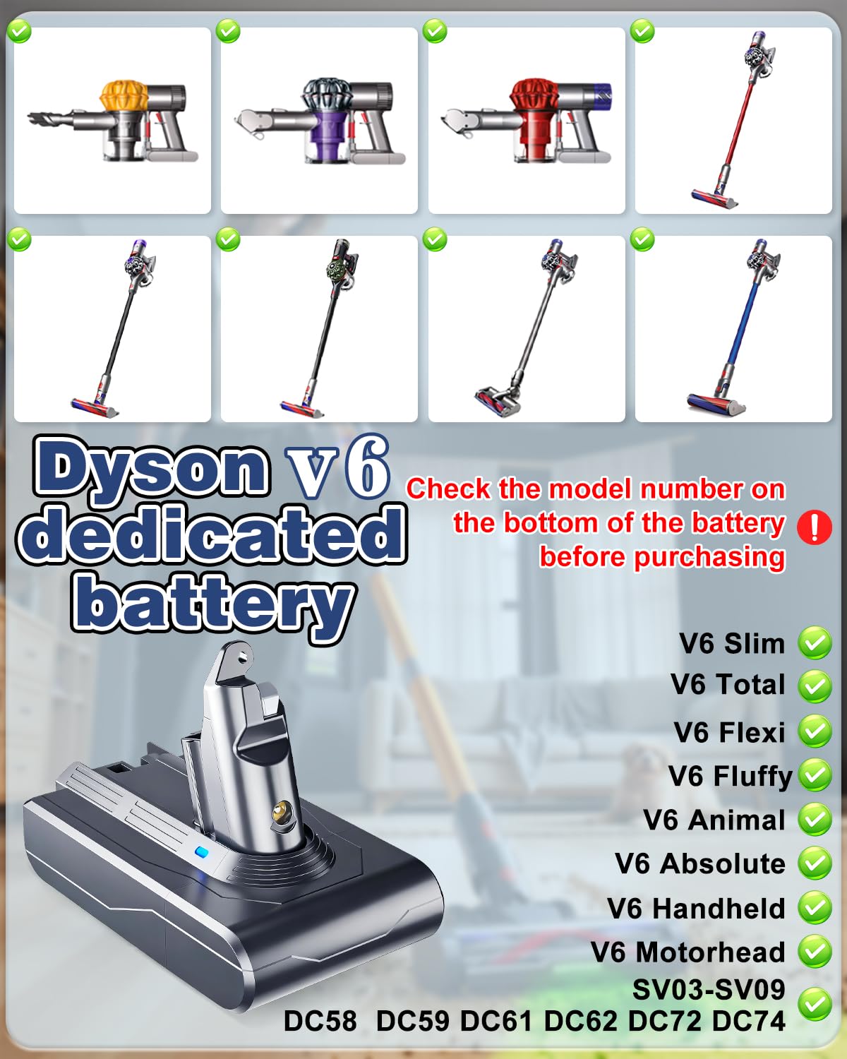 V6 Battery Replacement for Dyson - Upgraded 21700 High-Capacity Cells True Rated Capacity Longer Lifespan Battery Fit V6 Animal Absolute Motorhead Fluffy Slim SV03-SV09 DC58-DC62 DC72 DC74-1 Filter