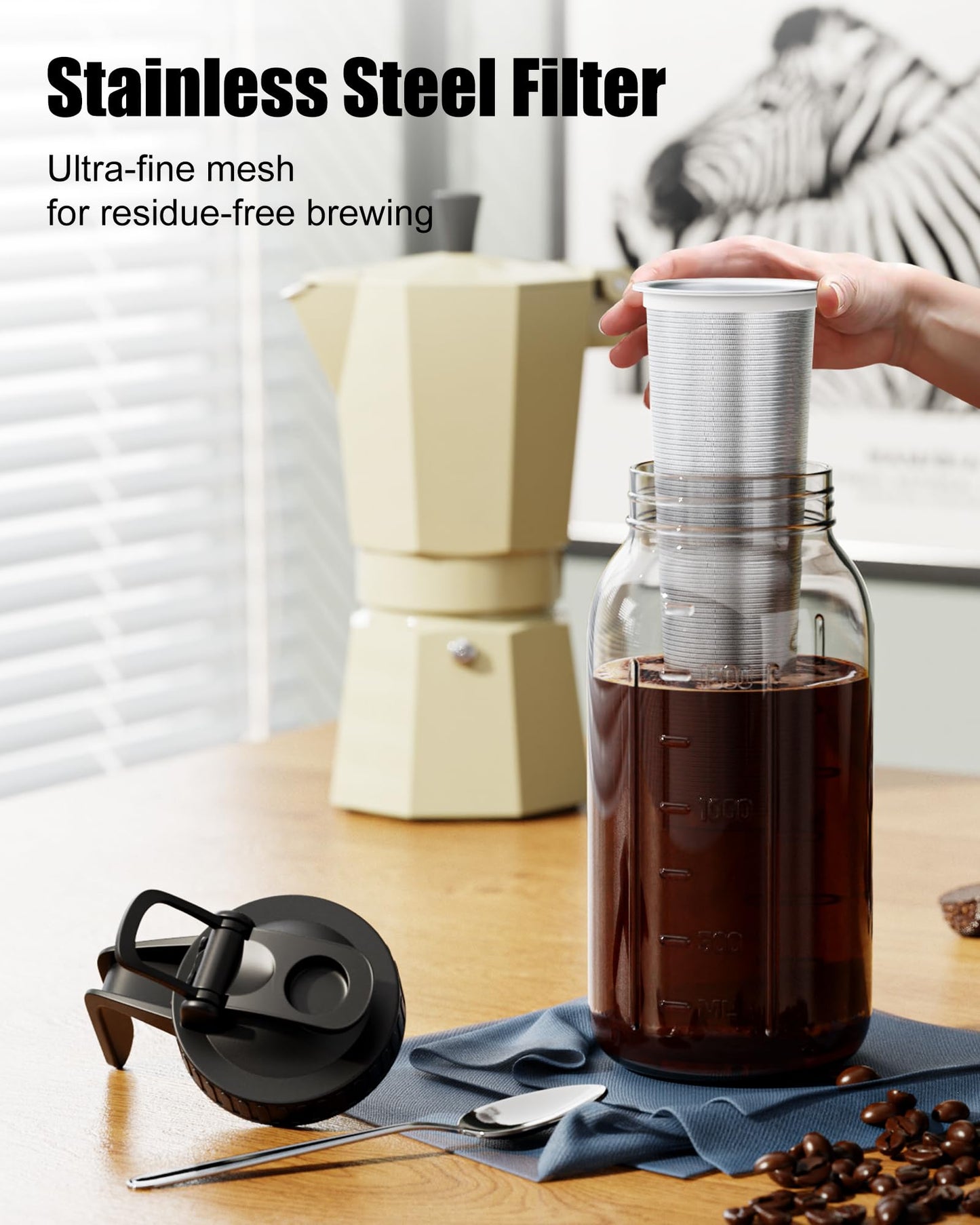 Set of 2 Cold Brew Coffee Makers 64oz with Stainless Steel Filter, Iced Coffee Maker with Leakproof Lid & Handle, Mason Jar Pitchers for Cold Brew