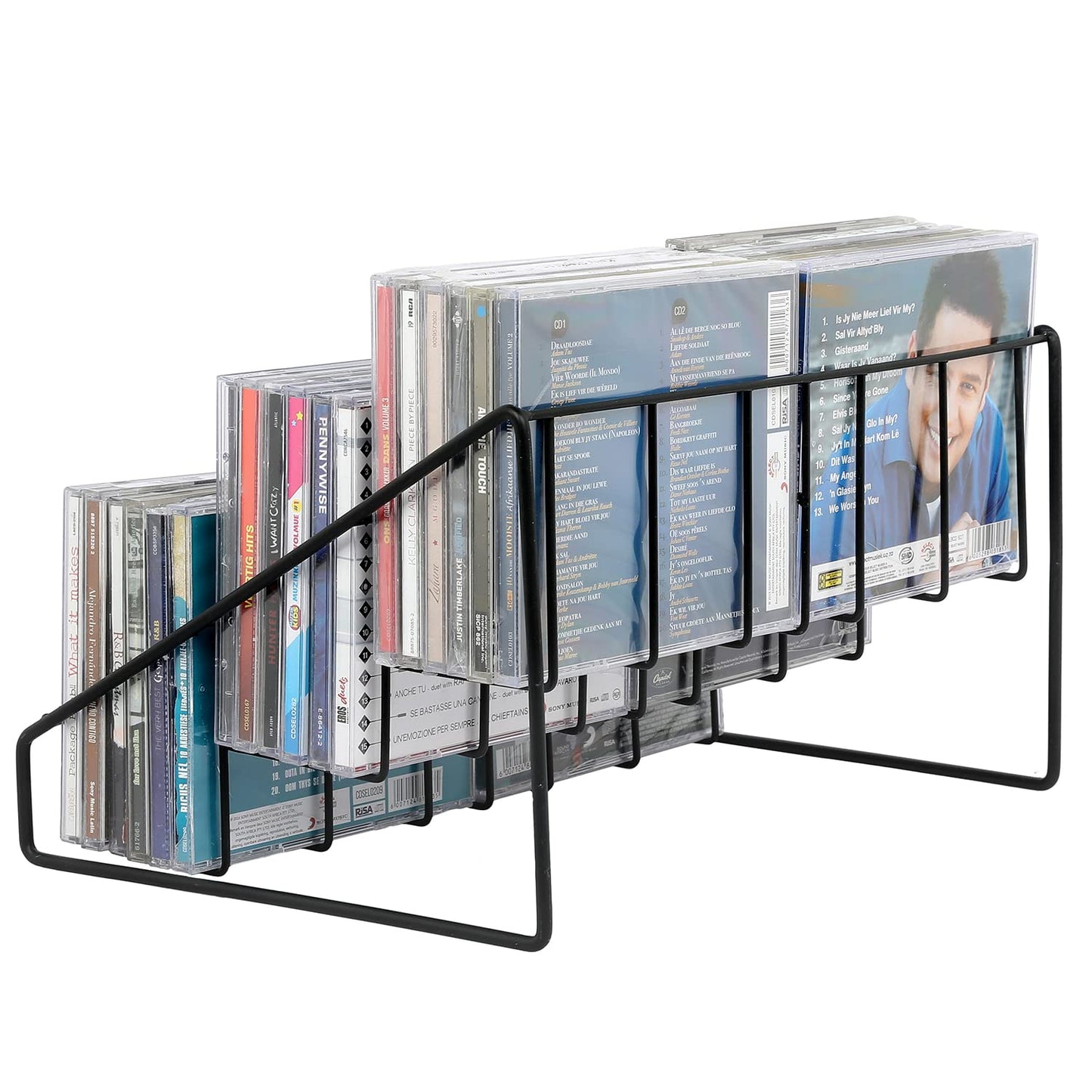 MyGift Modern Matte Black Metal Wire CD Holder Storage Stand, 3 Tier Media Jewel Case Organizer Rack