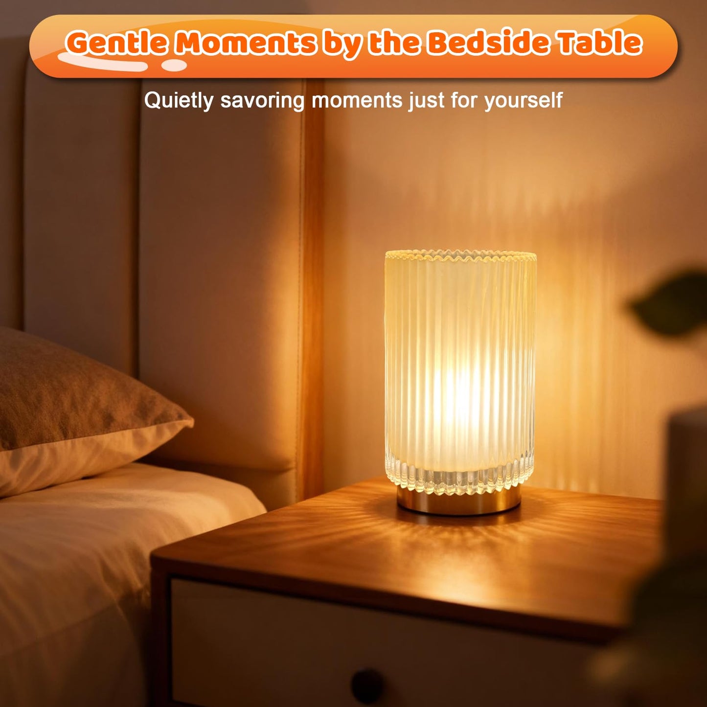 AGJIQ Table Lamp, Wireless Bedside Lamp with Glass Shade E27 Bulb, Decorative Ambiance Bedside Lamp Suitable for Bathroom,Rechargeable Romantic Atmosphere Light with LED Bulb（Matte Amber）