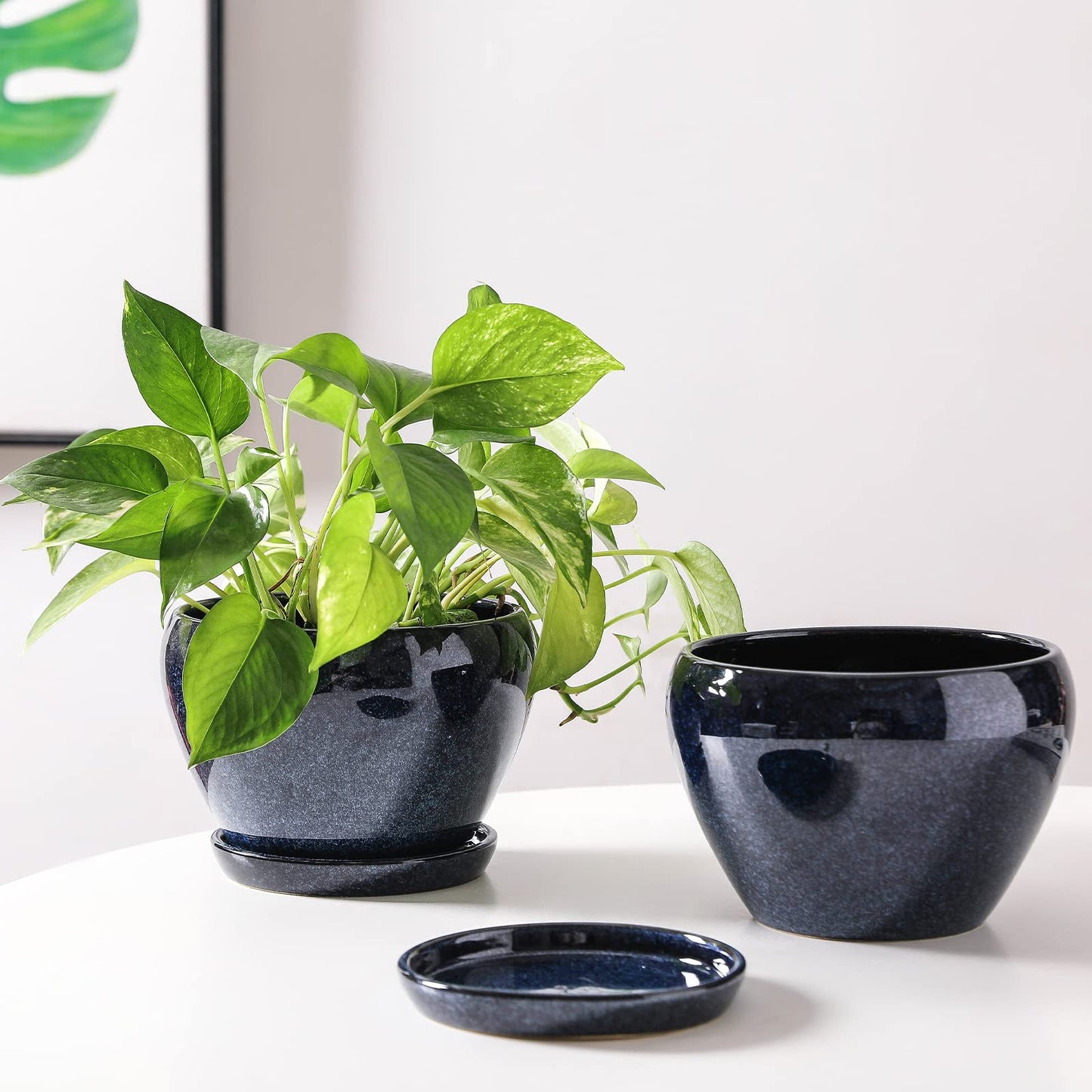 vicrays Ceramic Plant Pots Indoor - 6.5 Inch Planter Pot with Drainage Hole and Saucer for Succulent Orchid Flower Herbs Cactus - Ideal for Gardening Home Desktop Office Decor - Reactive Glaze Blue