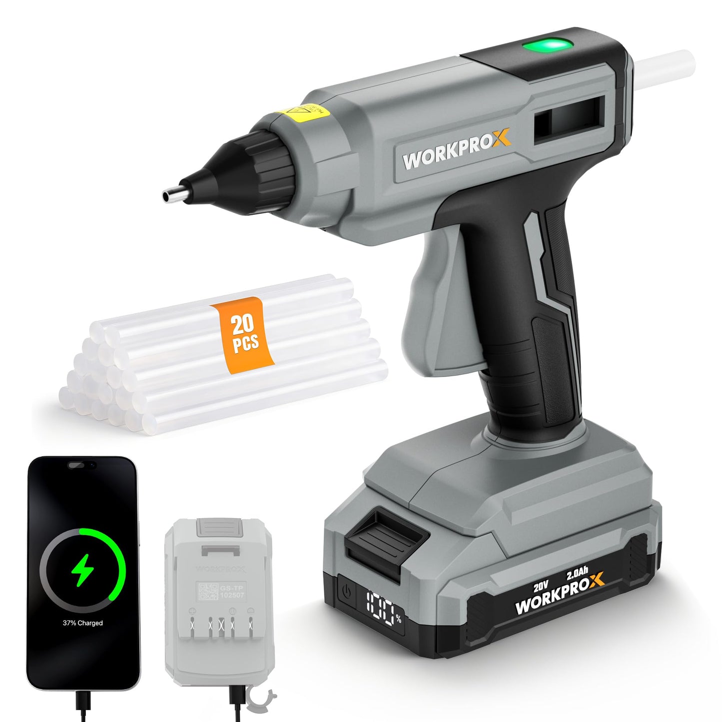 WORKPROX Cordless Hot Glue Gun, 20V Rechargeable Full-Size Glue Gun Kit with 20pcs Glue Sticks, 90min Runtime, 2Ah Battery, USB-C Charging Cord, Smart Power-Off for DIY Crafts, Repair, School Projects