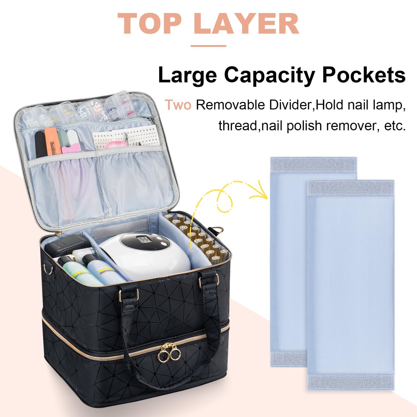 Uross Nail Polish Organizer Bag Holds 84 Bottles Nail Polish Lamp, Gel Polish Organizers and Storage Box for Nail Tech, Nail Kit Supplies Organizer Case-Black