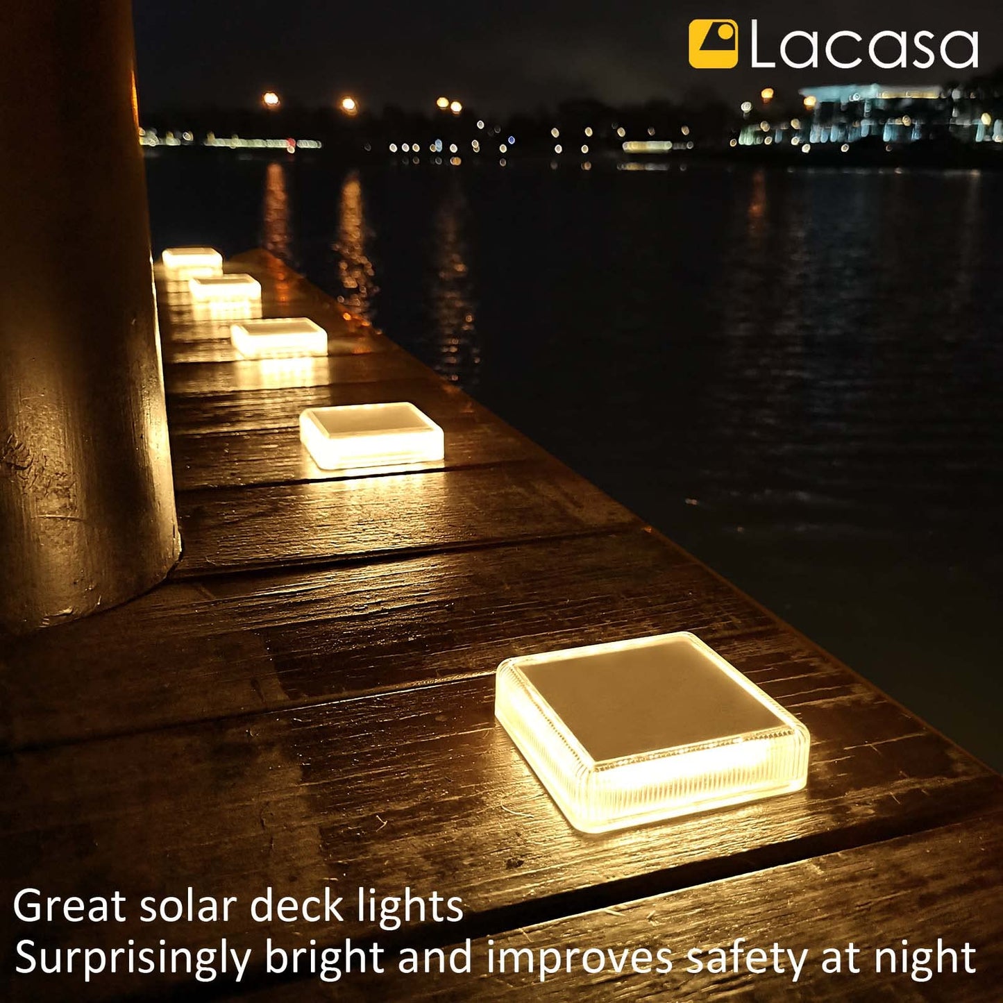 Lacasa Solar Deck Lights, 4 Pack 30LM LED Dock Lights Warm White 2700K, Outdoor Solar Powered Step Lights Light up All Night IP68 Waterproof Auto ON/Off for Garden Stairs Driveway Pathway Lighting