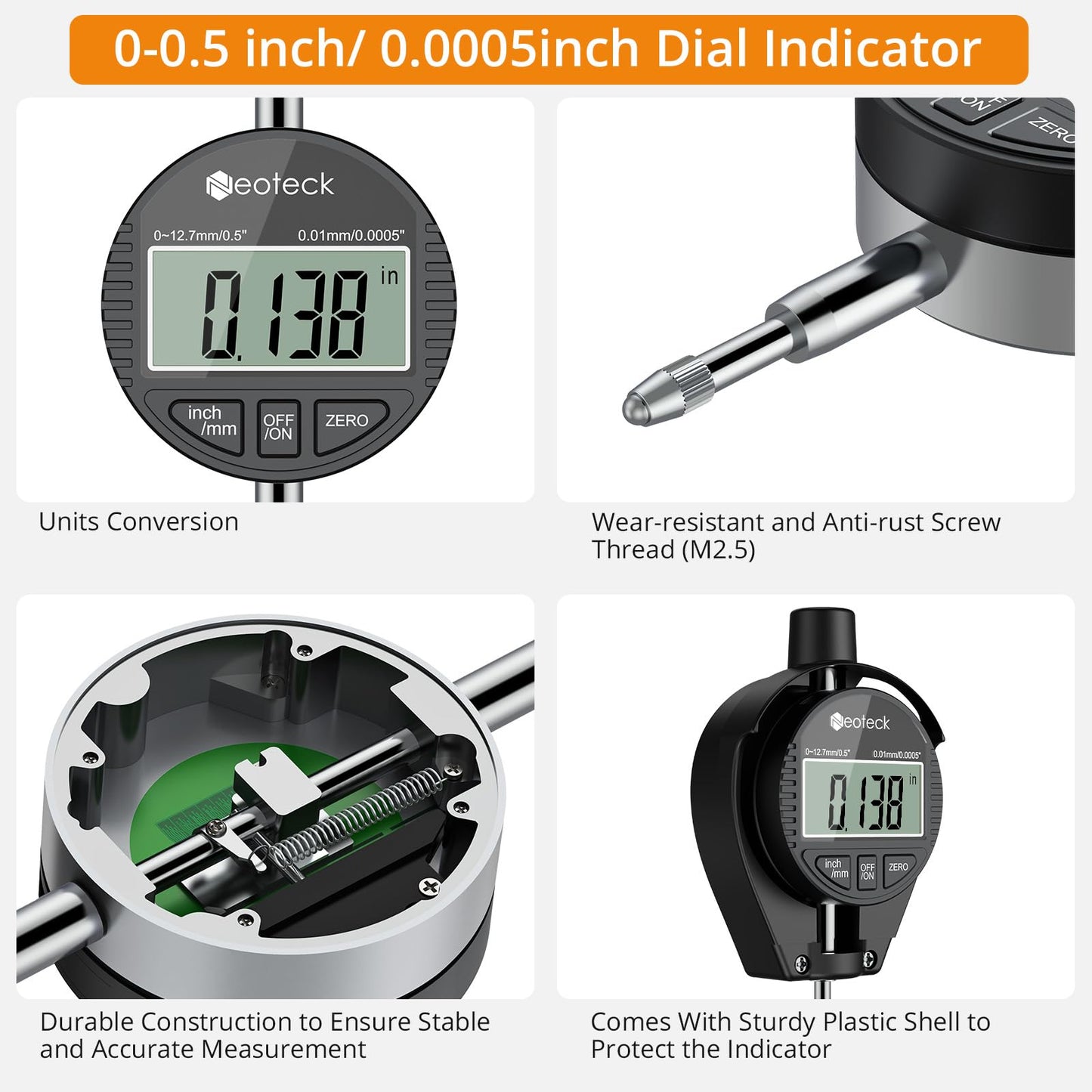 Neoteck Bore Gauge Set Digital Indicator Dial Bore Gauge 2"-6"/0.0005" with Self-Centering Dial Carbide Anvils, Insulated Grips for Deep Engine Cylinder Measurement-Black