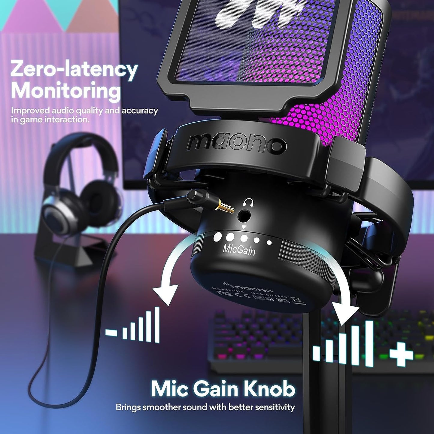 MAONO USB Gaming Microphone for PC, Noise Cancellation Condenser Mic with RGB Lights, Mute, Gain for Streaming, Recording, Podcast, Chat, Twitch, YouTube, Discord, Computer, PS5, PS4, DGM20 Black
