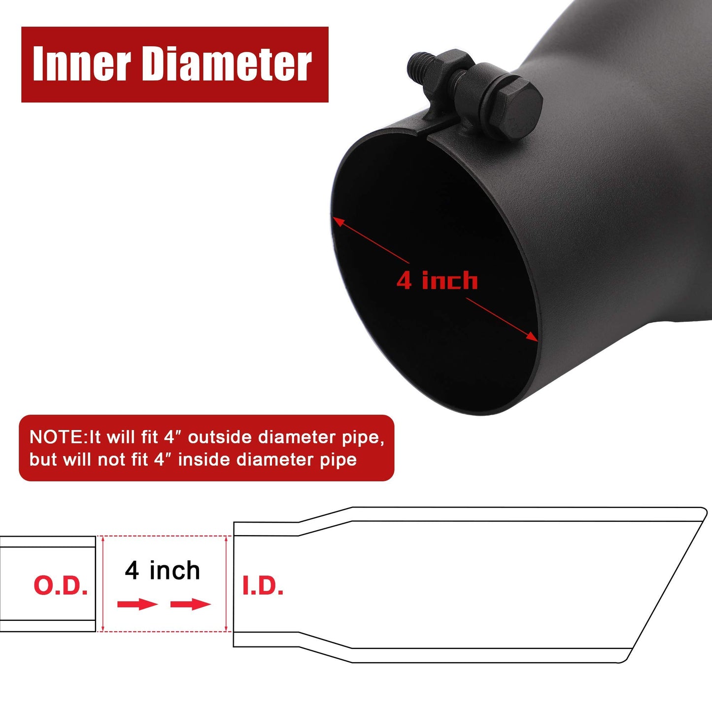 4" Inlet Black Exhaust Tip, 4" x 6" x 12" Clamp On Design Universal Stainless Steel Diesel Exhaust Tailpipe Tip with Ball End L Wrench