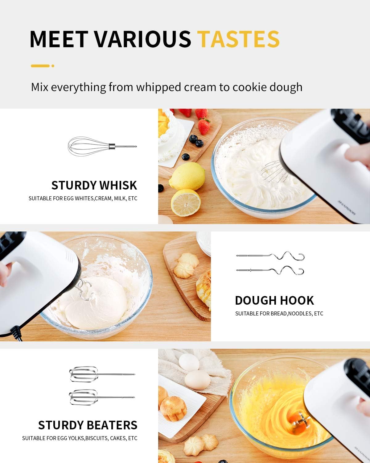 SHARDOR Hand Mixer Electric 6 Speed & Turbo Electric Mixer Handheld Snap-On Storage Case, 5 Stainless Steel Accessories Mixers for Baking, Whipping, Mixing Cookies, Brownie, Cakes Dough, Batters White