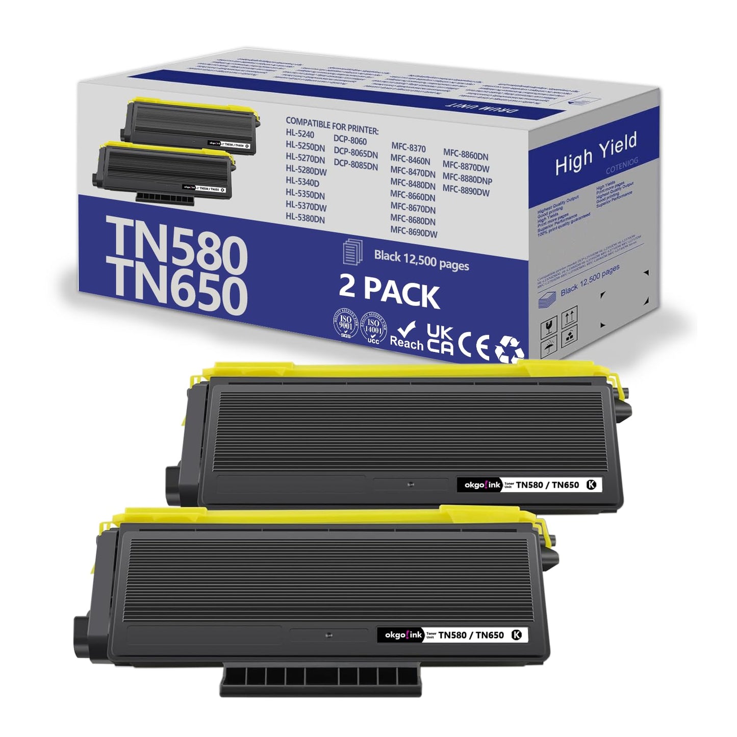 OKGO Compatible TN580 TN650 Toner Cartridge Replacement for Brother TN620 TN550 TN-580 TN-620 TN-650 HL-5370DW 5240 5340D 5250DN,DCP-8060 8065DN,MFC-8660DN 8460 8480 8680 ( High Yield ,Black 2 Pack )