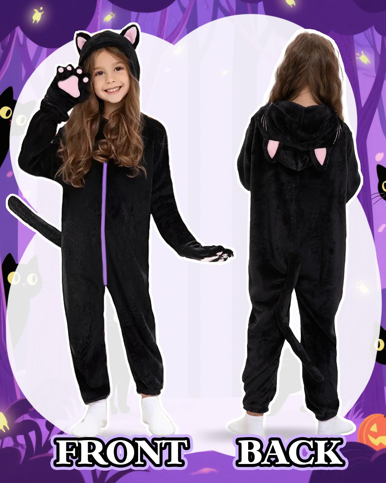 Trsenvrml Girls Halloween Costume Kids Cat Cosplay Black Dress Up for Girl Hooded Halloween Romper Jumpsuit (Cat, 6-7T)