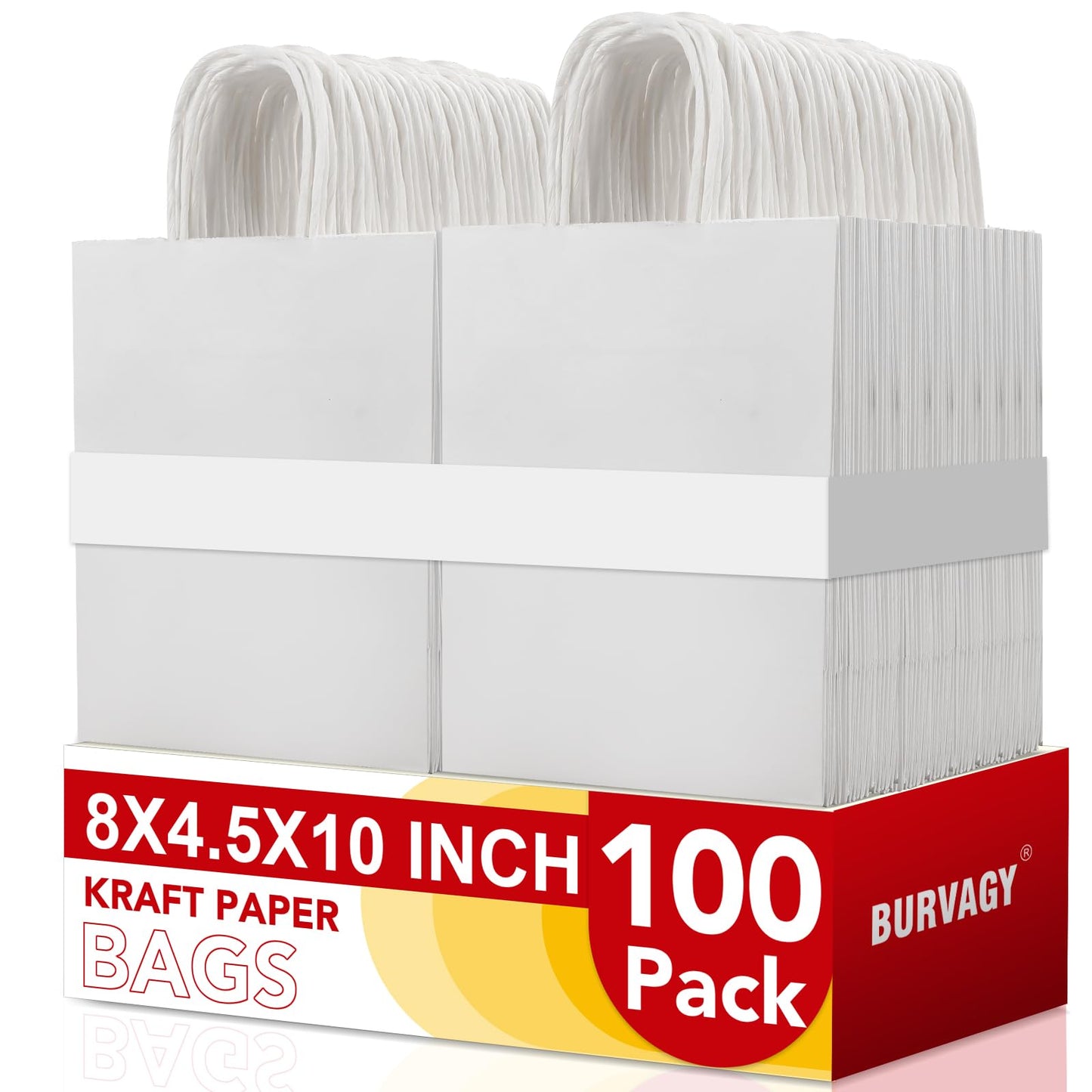 BURVAGY 100Pack White Paper Bags 8x4.5x10 Inch, Plain Medium Paper Bags with Handles Bulk, Kraft Paper Gift Bags, Retail Bags, Party Bags, Shopping Bags, Favor Bags