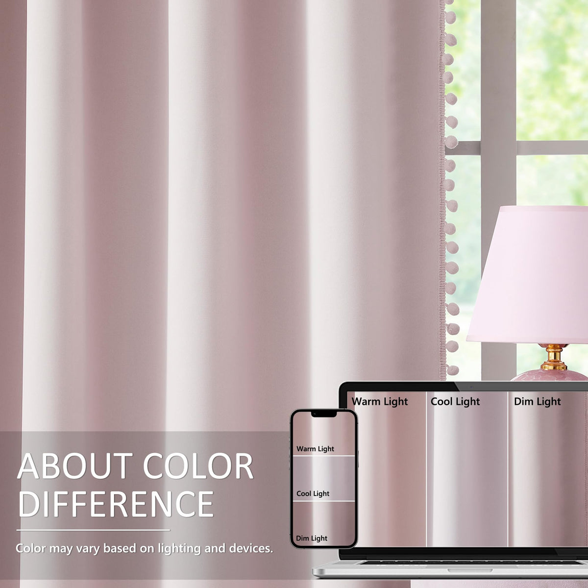 Pink Blackout-Curtains for Bedroom Pom Pom Thermal Insulated 100% Full Blackout Curtain Panels for Girls Baby Nursery Room 84 inch Energy Efficient Window Drapes for Kids 52" w x2 Panels Rod Pocket