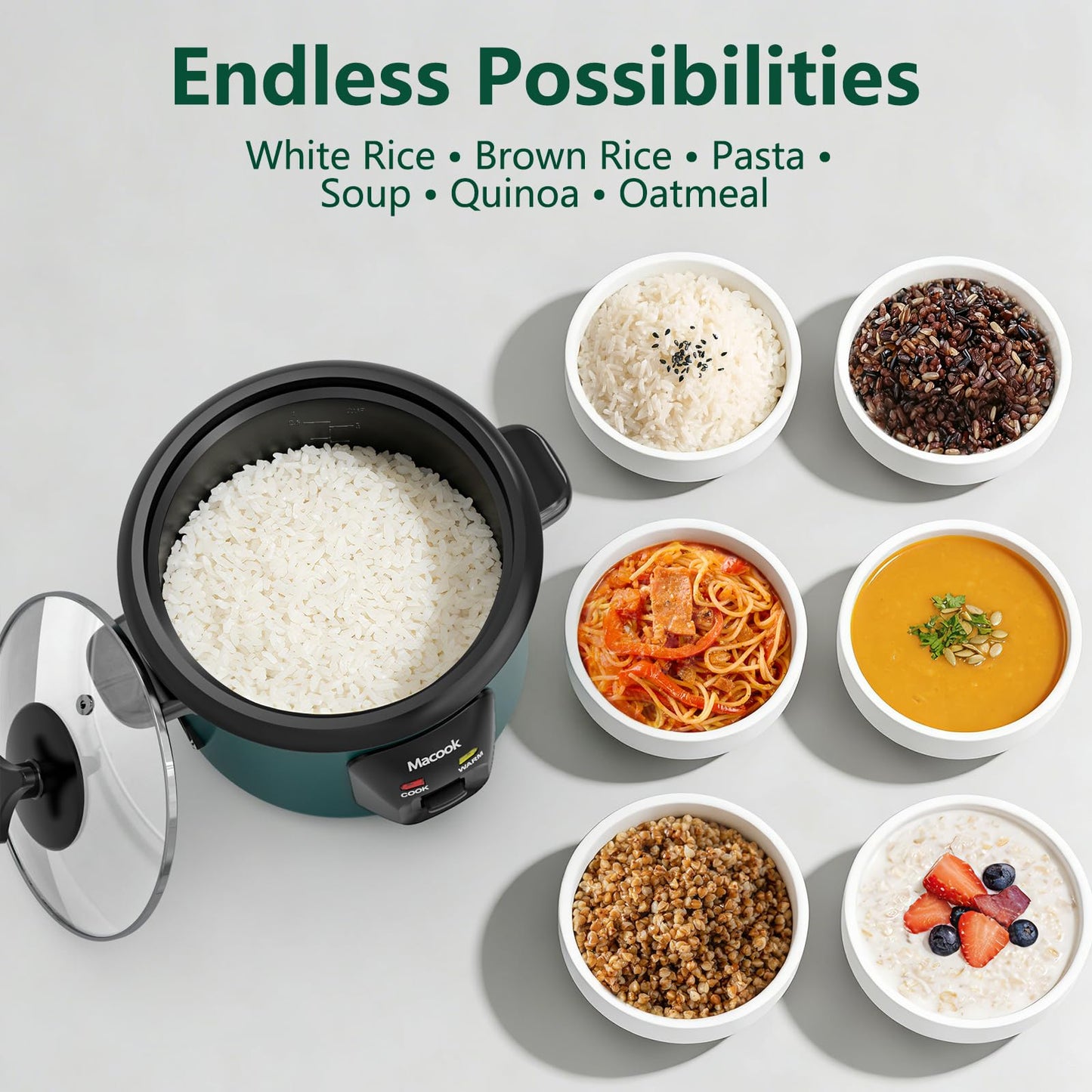 Macook Mini Rice Cooker 3-Cup, Small 0.6L One-Touch Rice Maker with Non-Stick Inner Pot, Automatic Keep Warm & Overheat Protection, Ideal for 1-6 People, Students & Small Families (Green)