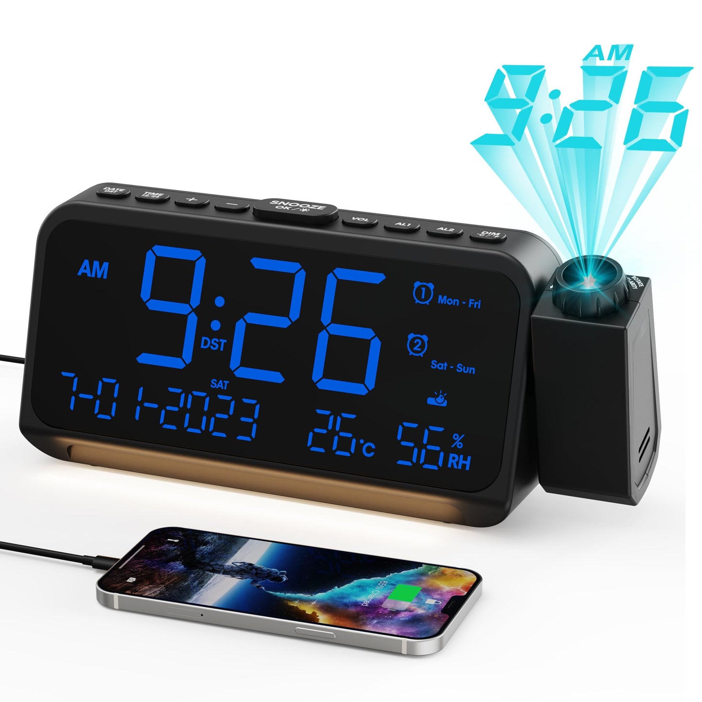 350° Rotatable Projection Alarm Clock, Dual Alarm and Nightlight, Adjustable Brightness and Volume, USB-A & Type-C Charging, 9mins Snooze,12/24H/DST, Digital Calendar Clocks for Bedrooms