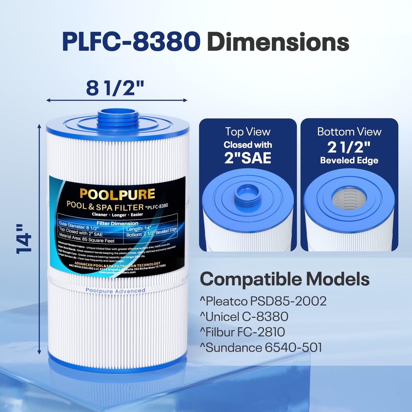 POOLPURE Replacement Filter for Sundance 6540-501, PSD85-2002, Unicel C-8380, Filbur FC-2810, Excel Filters XLS-840, Aladdin 18007, Baleen AK-70031 Magnum SU80 85 sq.ft Filter Cartridge Length: 14Inch