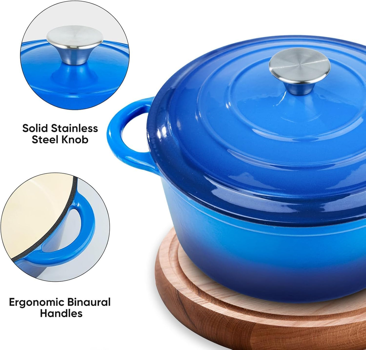 Enameled Cast Iron Dutch Oven for Sourdough Bread, 6QT Cast Iron Pot with Lid, Heavy Duty Dutch Oven Pot for Bread Baking, Braising, Stews, Roasting (Blue) (Dark Blue)