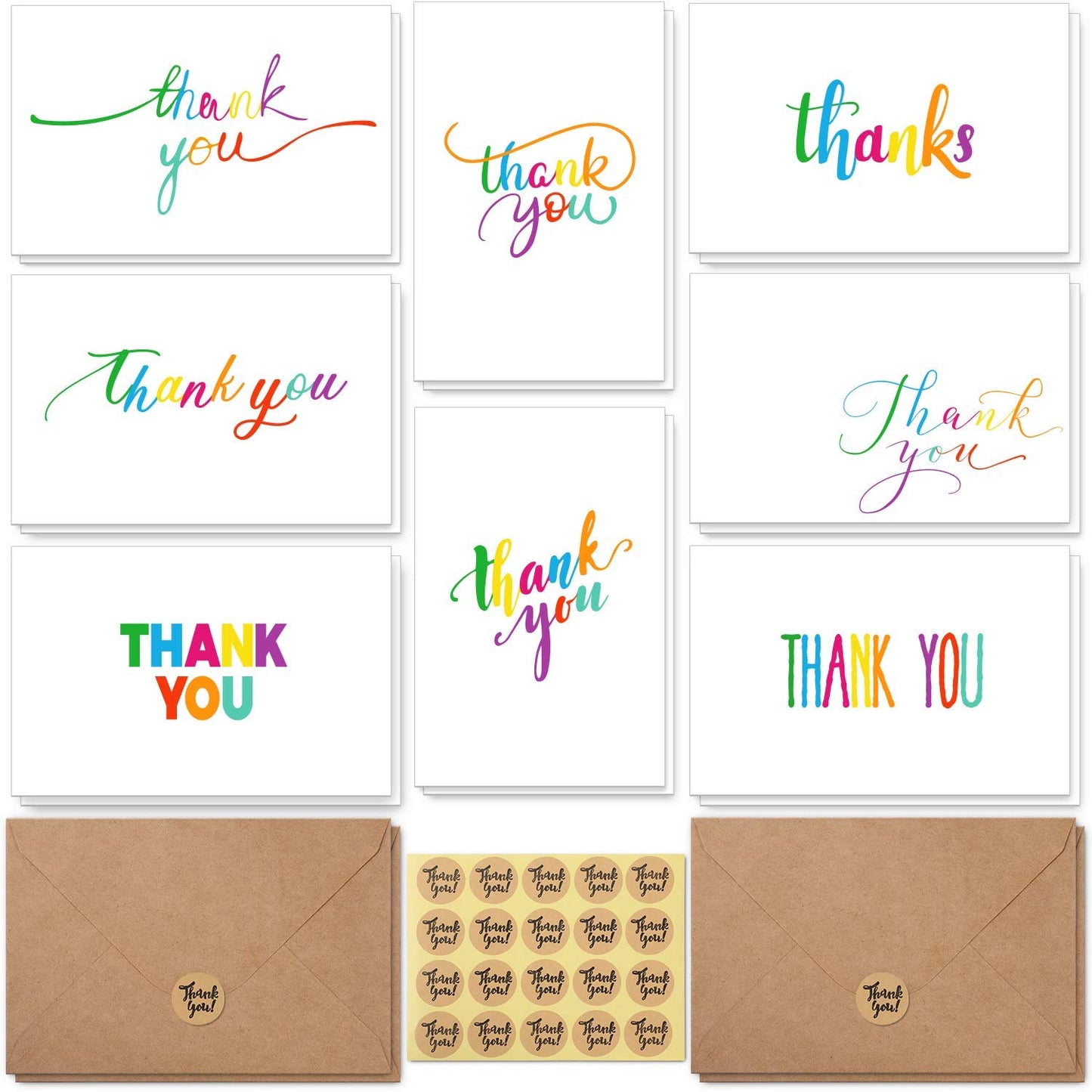 144 Bulk Thank You Cards with Envelopes, Ohuhu Thank You Notes Box Set with 8 Elegant Rainbow-Colored Designs Greeting Cards for Business, Wedding, Baby Shower, Blank Inside, 4x6 Inch